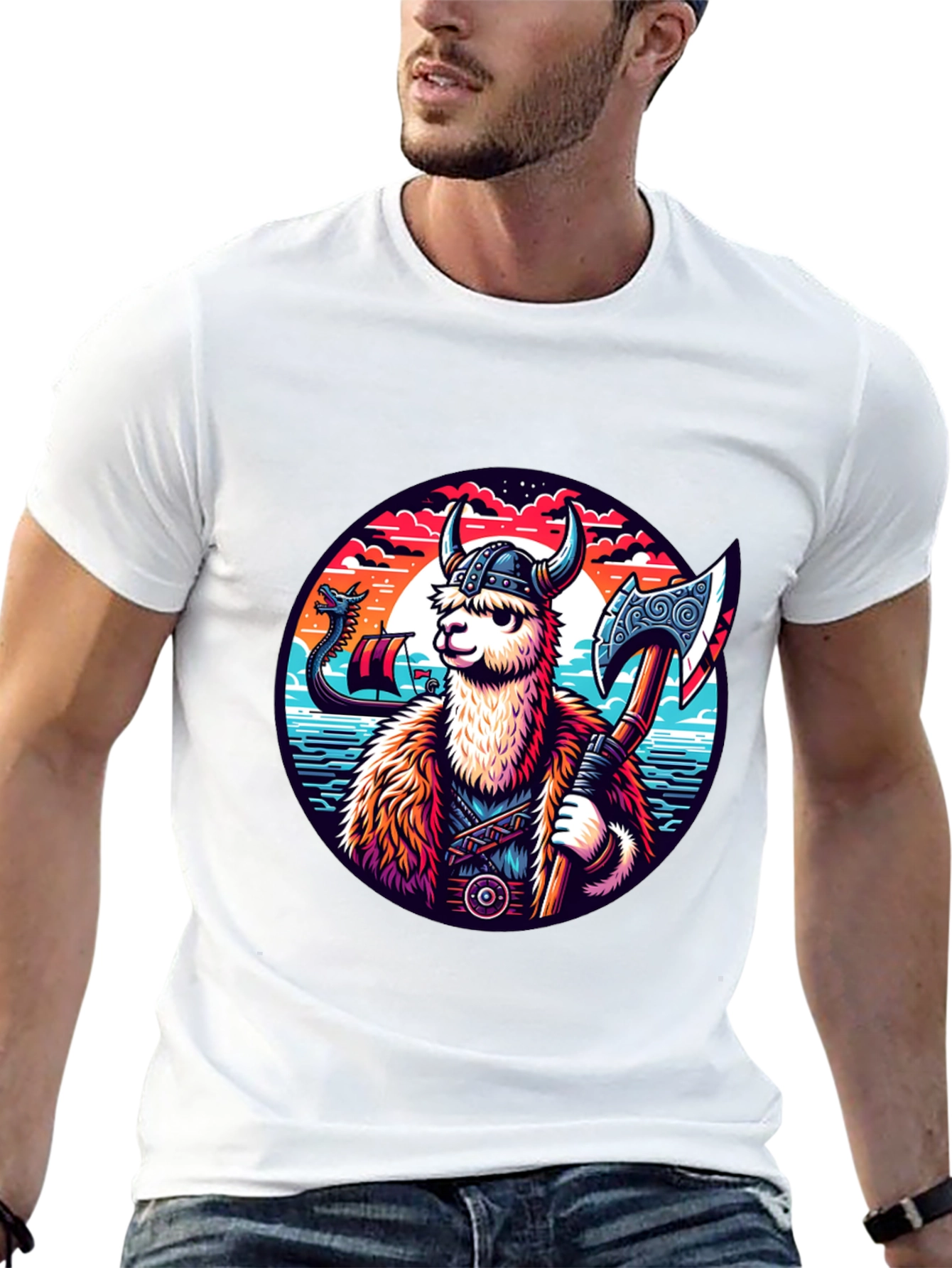Viking Llama Graphic Tee - Black Cotton Shirt