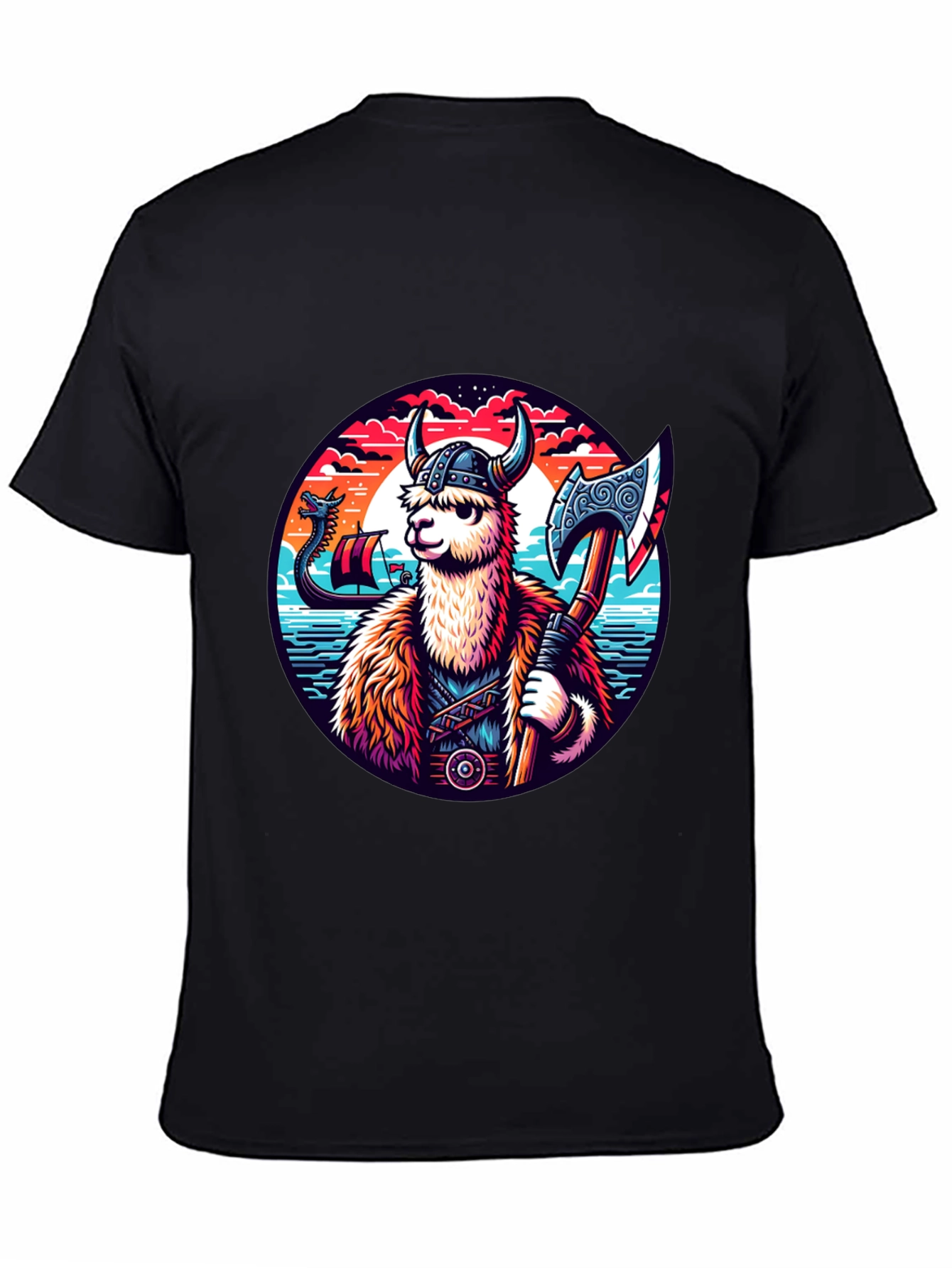 Viking Llama Graphic Tee - Black Cotton Shirt