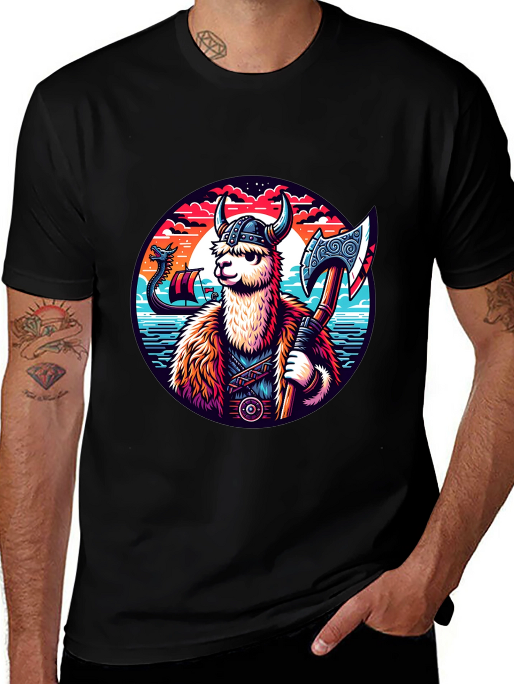 Viking Llama Graphic Tee - Black Cotton Shirt