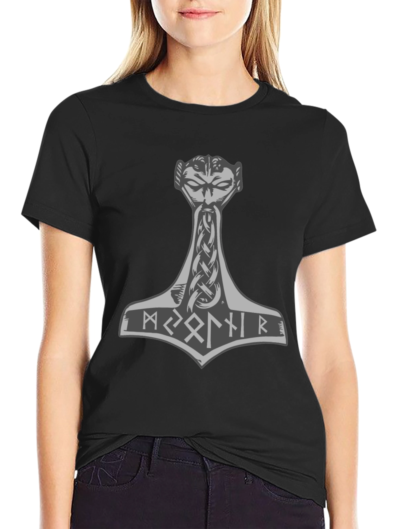 Thor Hammer Graphic Tee - Viking Runes Design