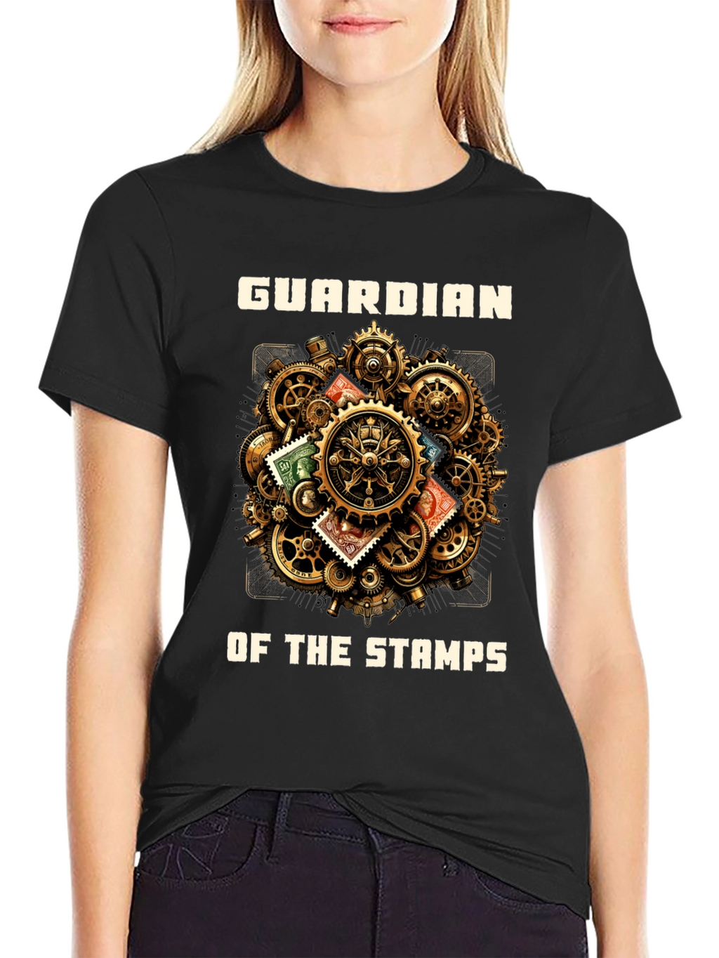 Guardian of the Stamps T-Shirt: Steampunk Gear Design