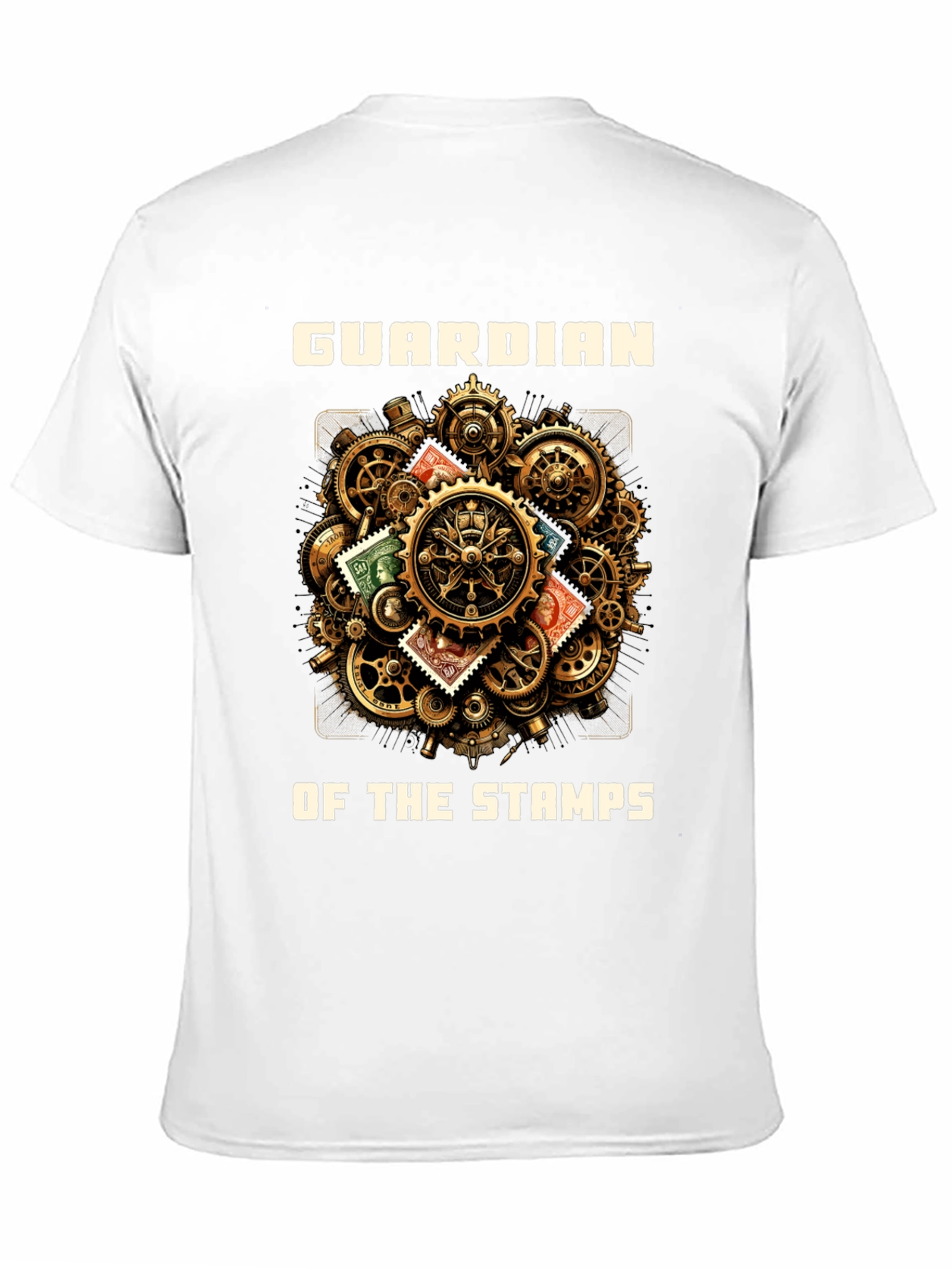 Guardian of the Stamps T-Shirt: Steampunk Gear Design