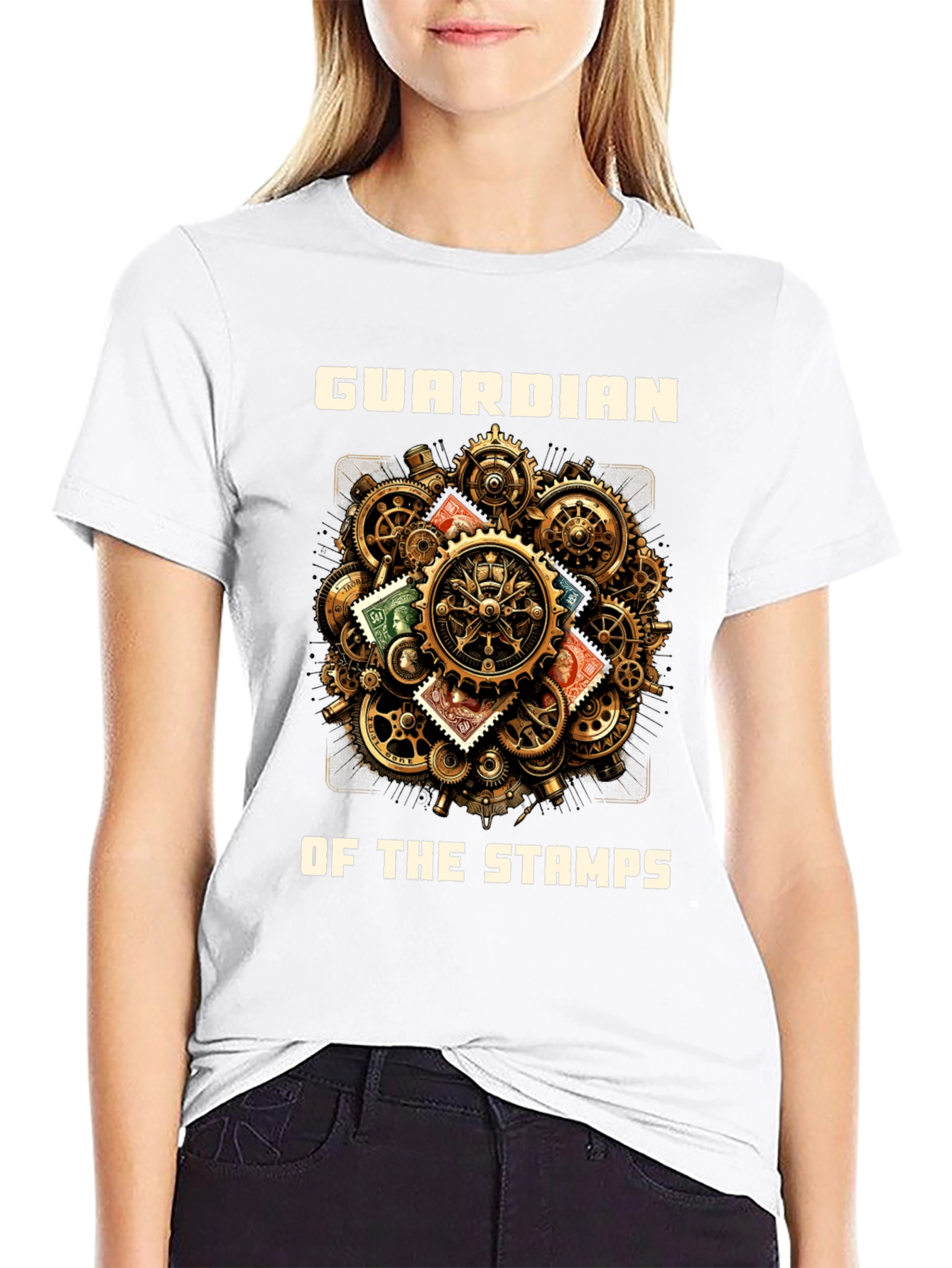 Guardian of the Stamps T-Shirt: Steampunk Gear Design