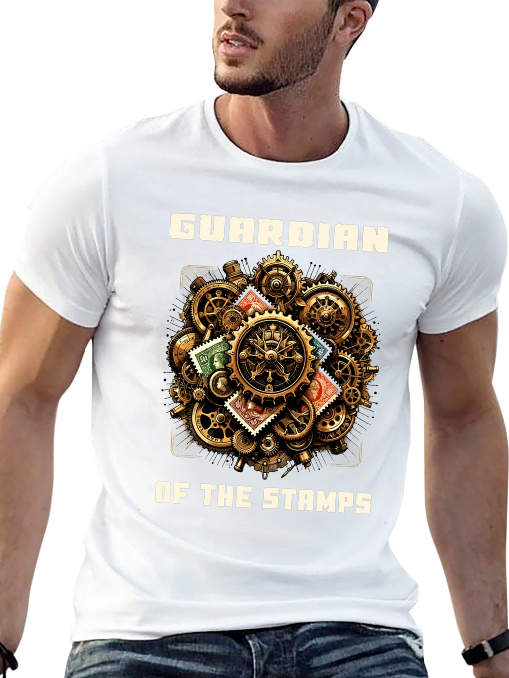 Guardian of the Stamps T-Shirt: Steampunk Gear Design