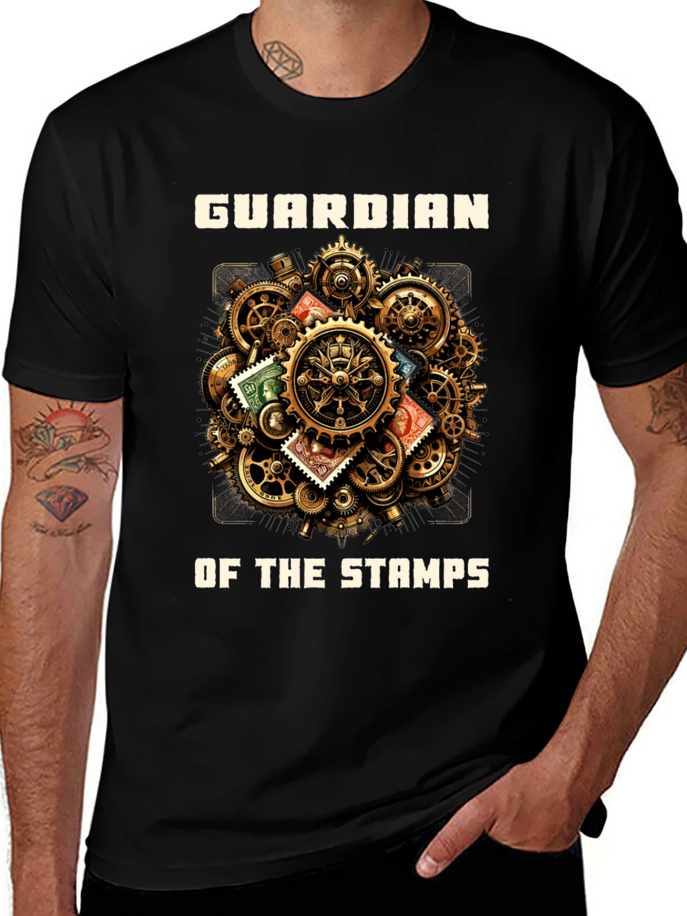 Guardian of the Stamps T-Shirt: Steampunk Gear Design