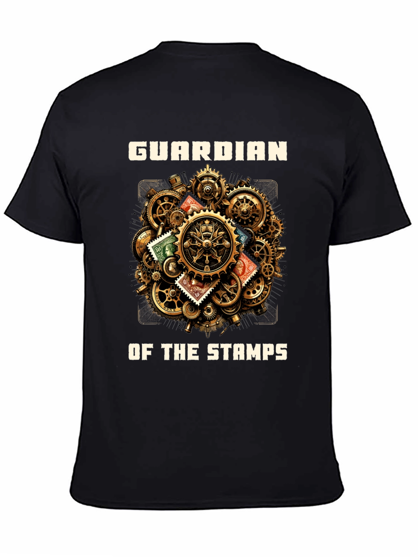 Guardian of the Stamps T-Shirt: Steampunk Gear Design