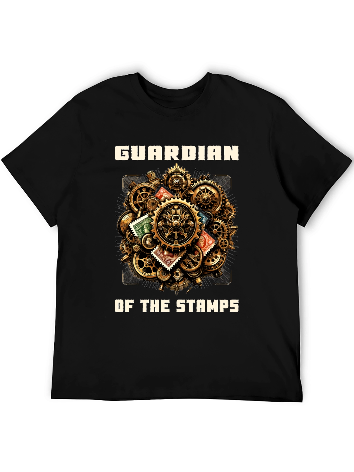 Guardian of the Stamps T-Shirt: Steampunk Gear Design