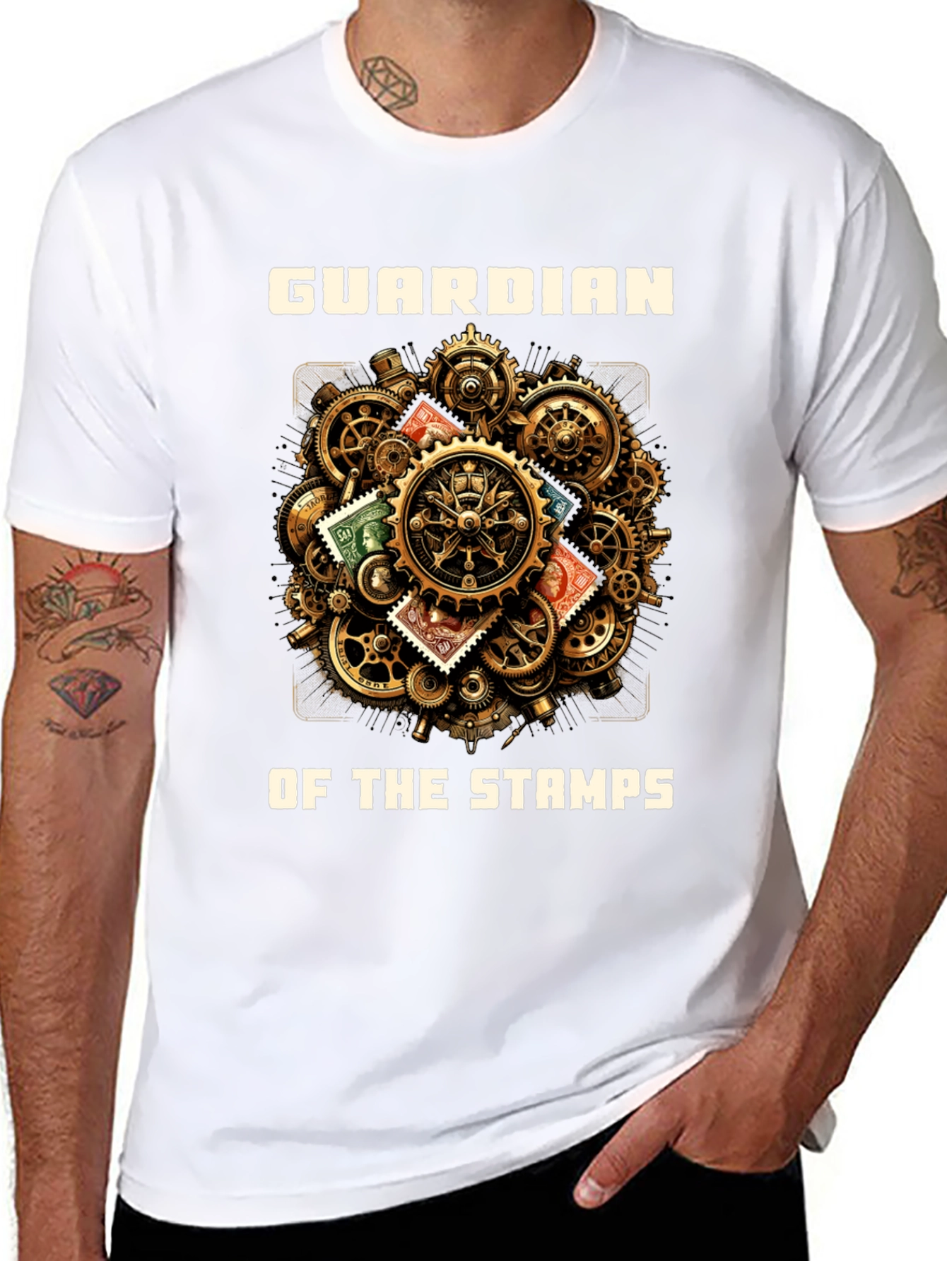 Guardian of the Stamps T-Shirt: Steampunk Gear Design
