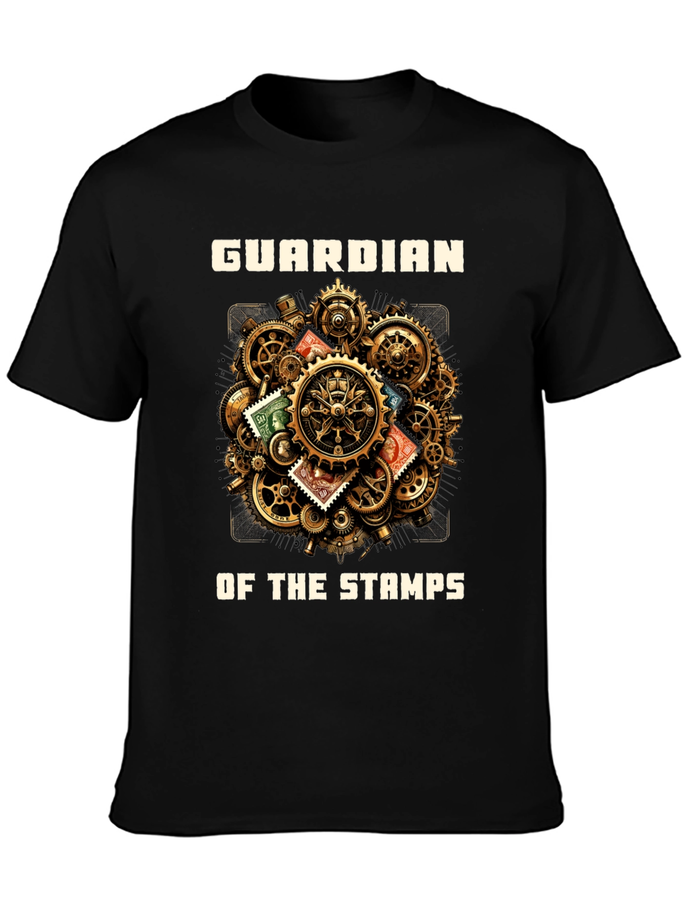 Guardian of the Stamps T-Shirt: Steampunk Gear Design