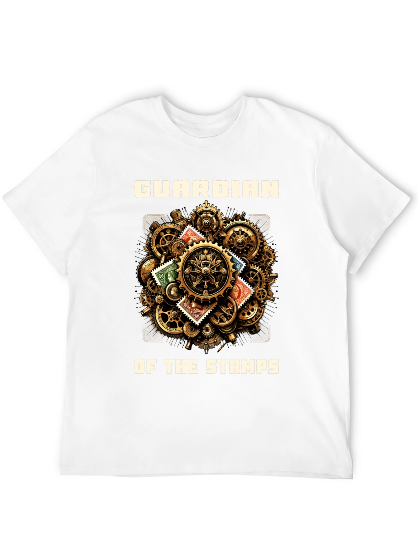 Guardian of the Stamps T-Shirt: Steampunk Gear Design