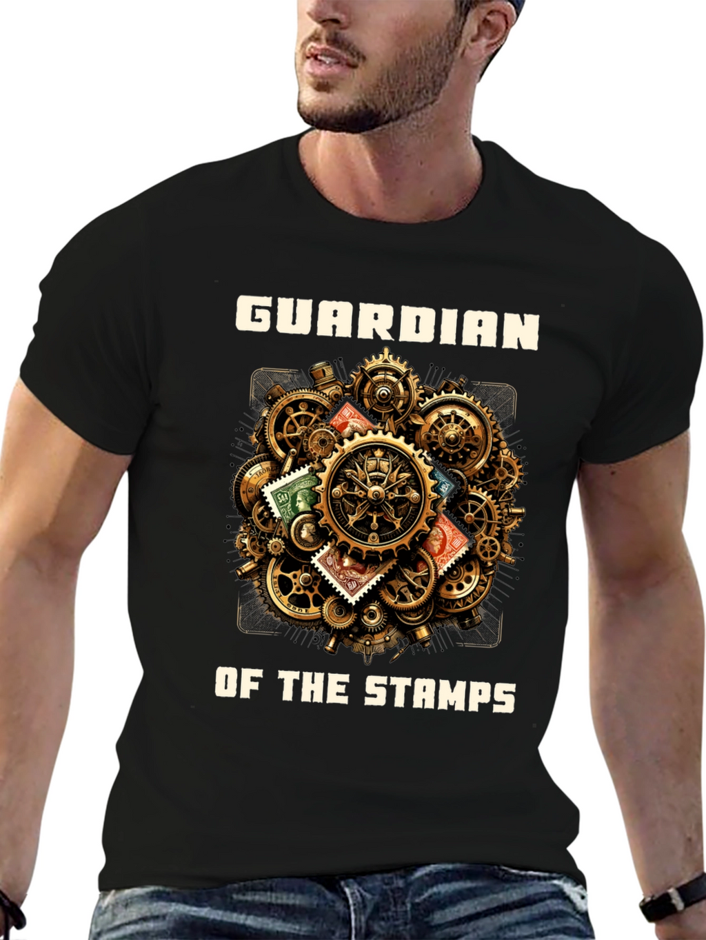 Guardian of the Stamps T-Shirt: Steampunk Gear Design
