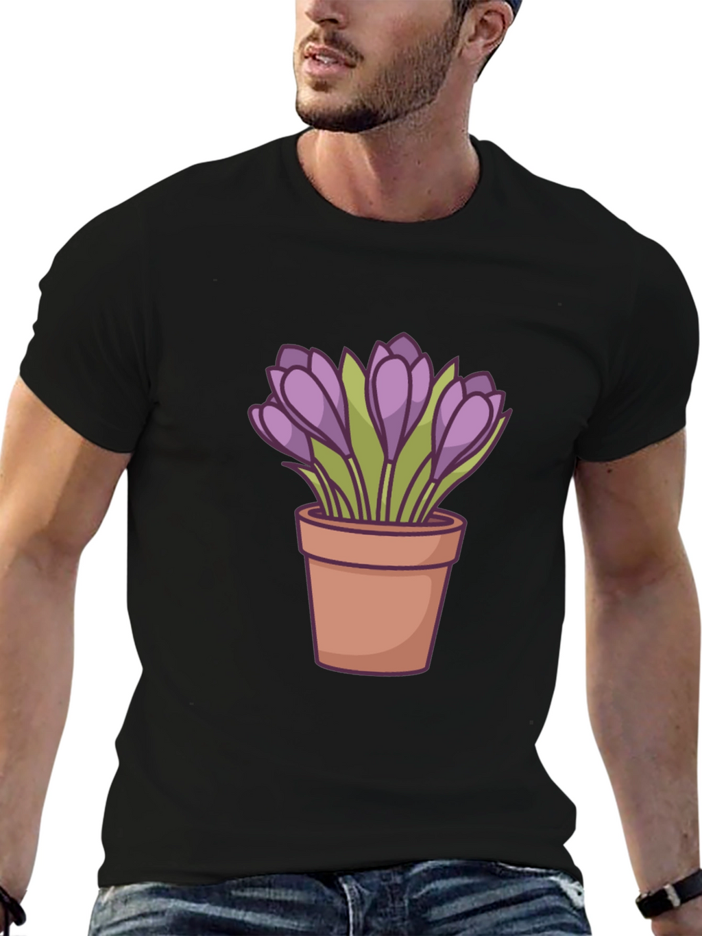 Crocus Flower Pot T-Shirt - Black Casual Tee