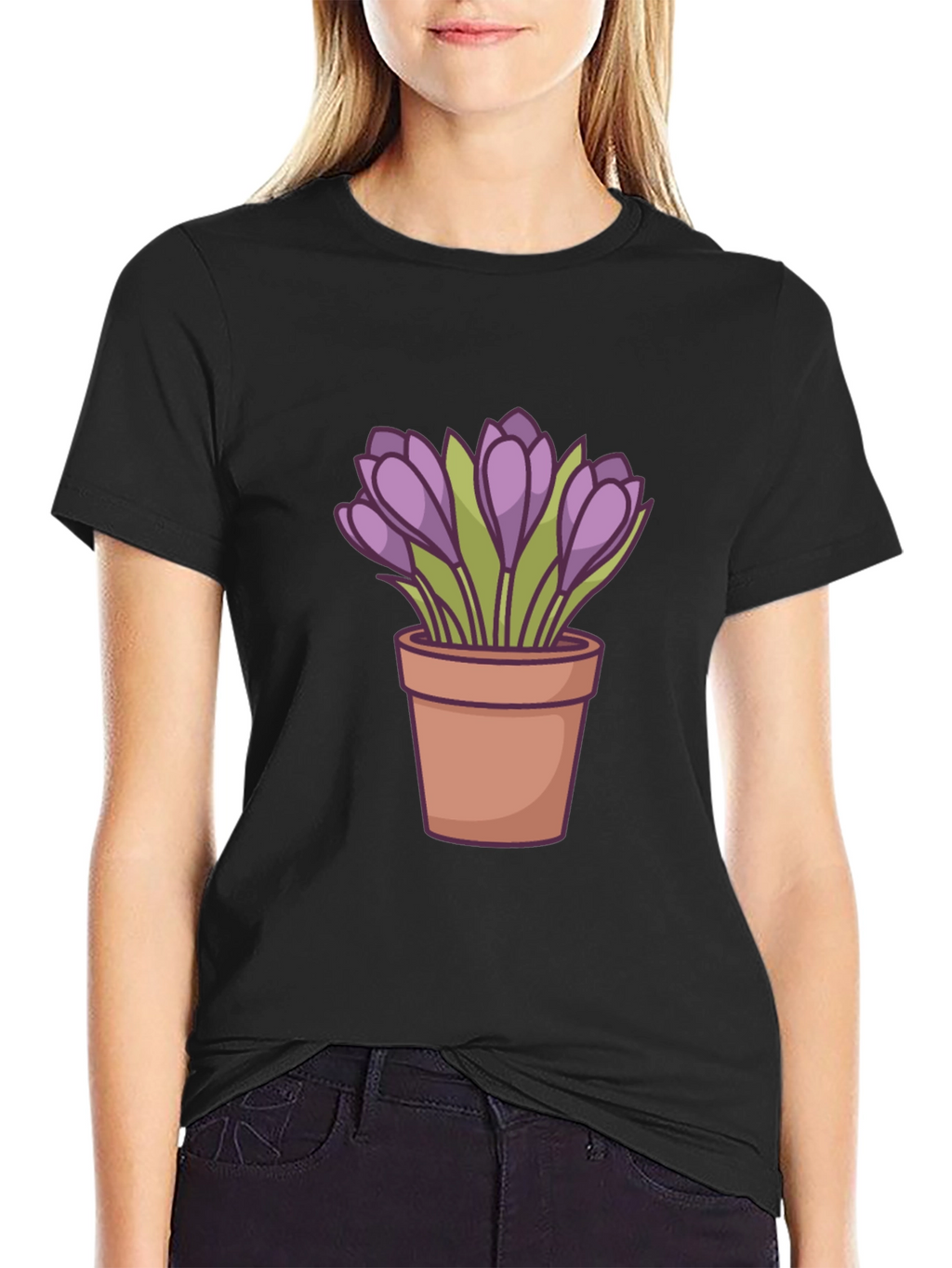 Crocus Flower Pot T-Shirt - Black Casual Tee