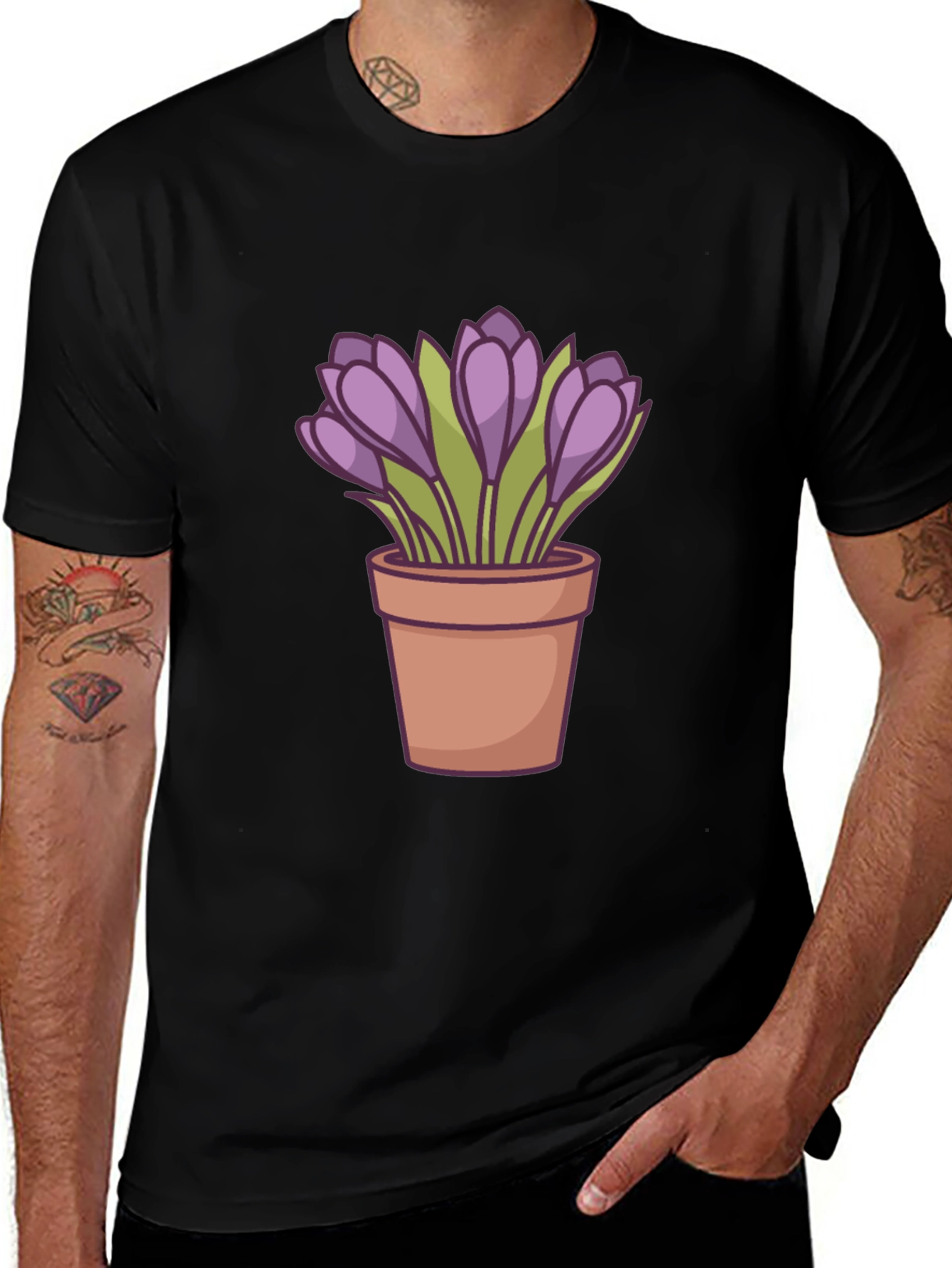 Crocus Flower Pot T-Shirt - Black Casual Tee