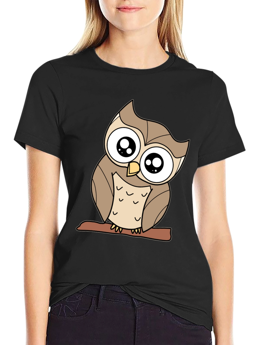 Cute Owl Graphic Tee - Black Cotton Blend