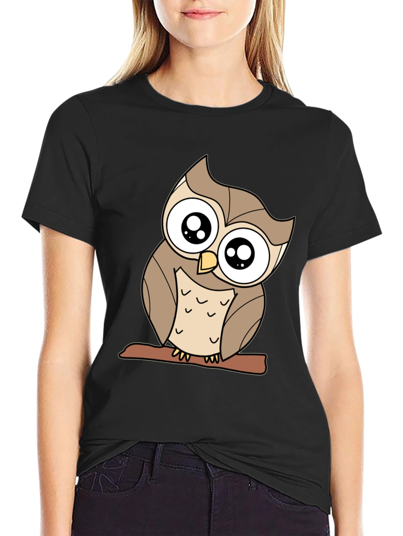 Cute Owl Graphic Tee - Black Cotton Blend