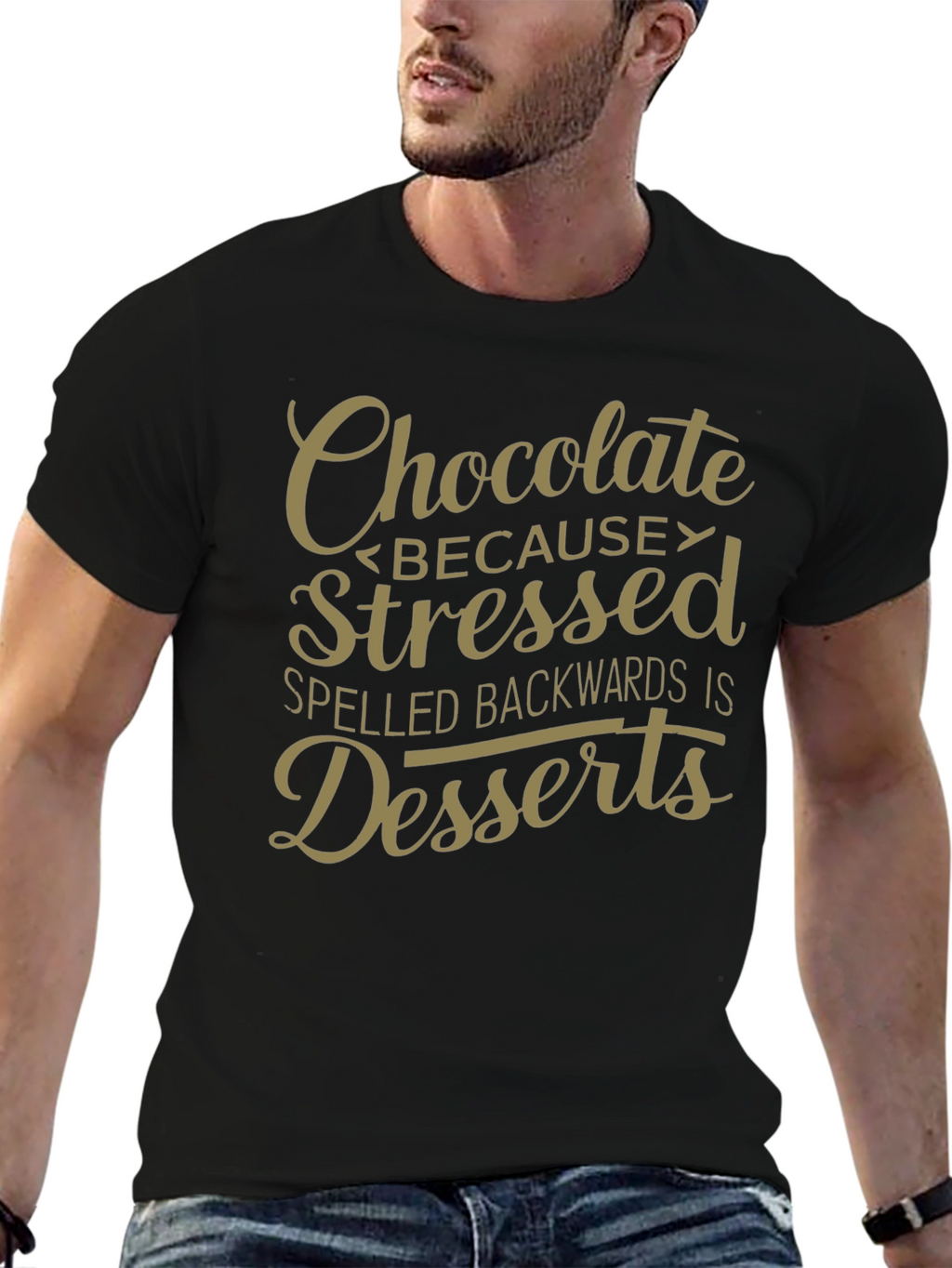 Chocolate Stressed Backwards Dessert Mens Black T-Shirt
