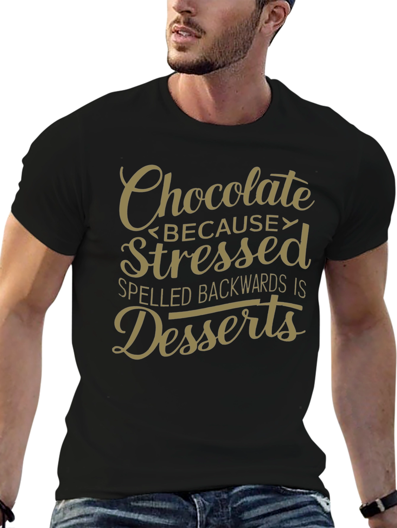 Chocolate Stressed Backwards Dessert Mens Black T-Shirt