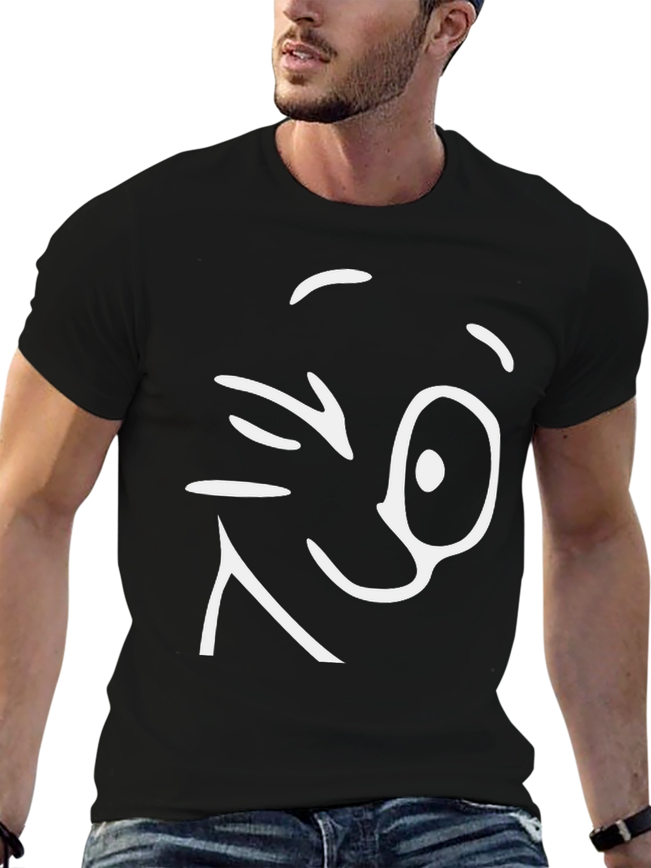 Winking Face Graphic Tee - Black Cotton T-Shirt