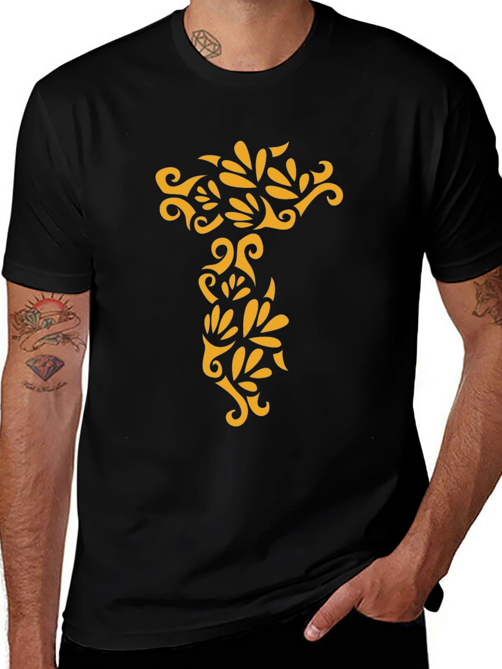 Black Tee with Ornamental Gold Design