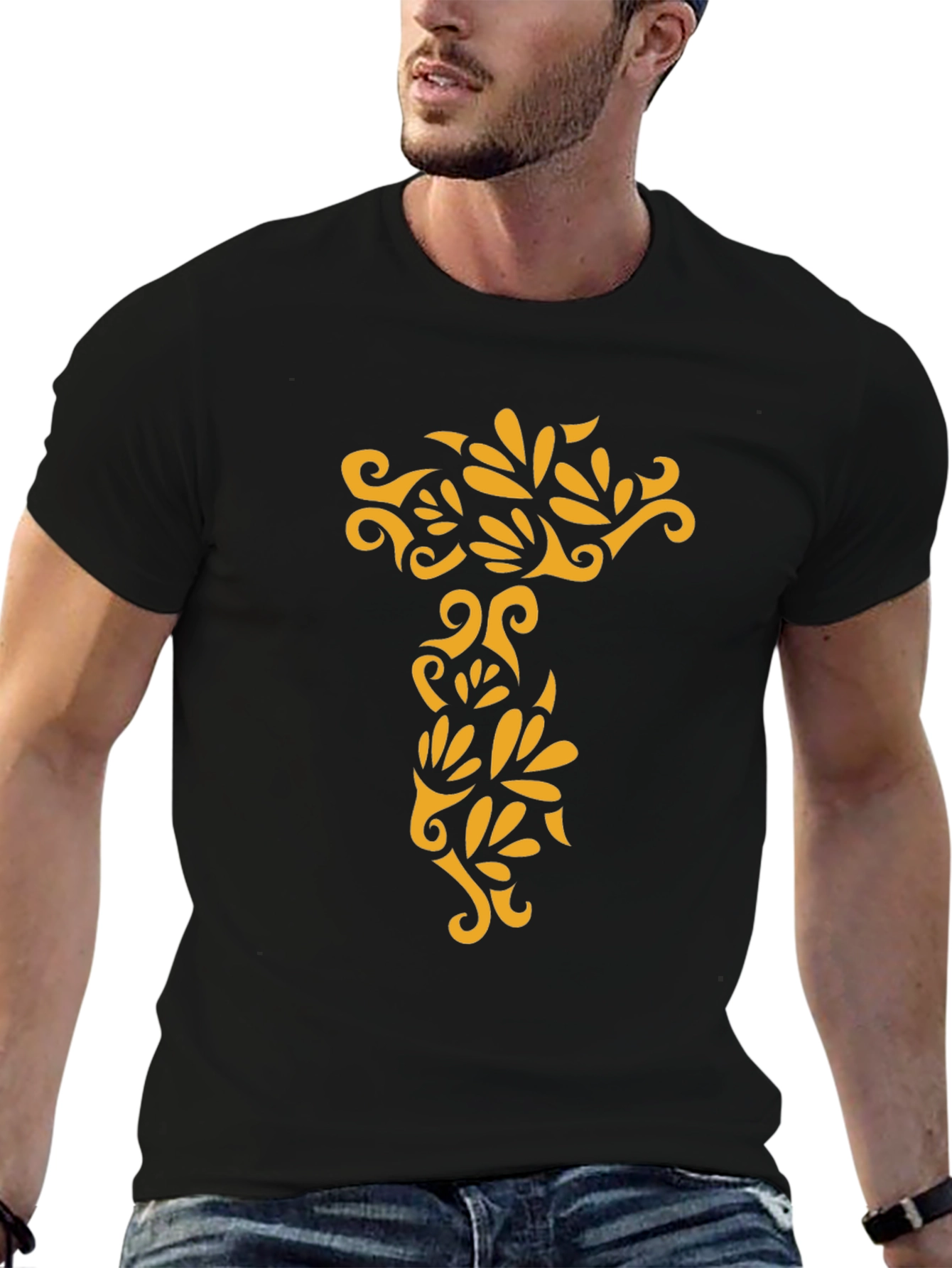 Black Tee with Ornamental Gold Design
