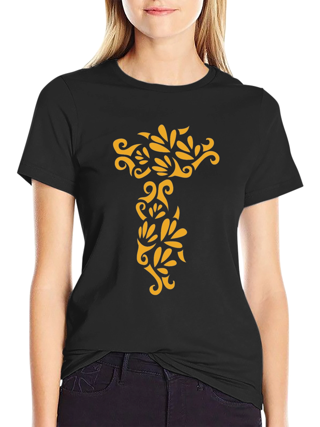 Black Tee with Ornamental Gold Design