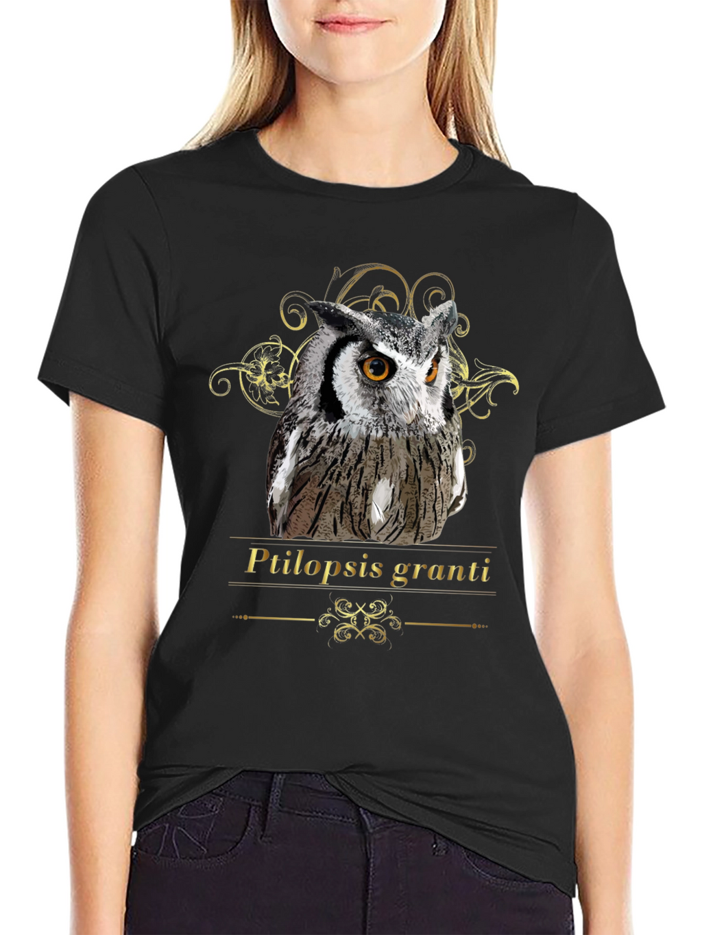 Owl Graphic Black T-Shirt - Ptilopsis Granti Design