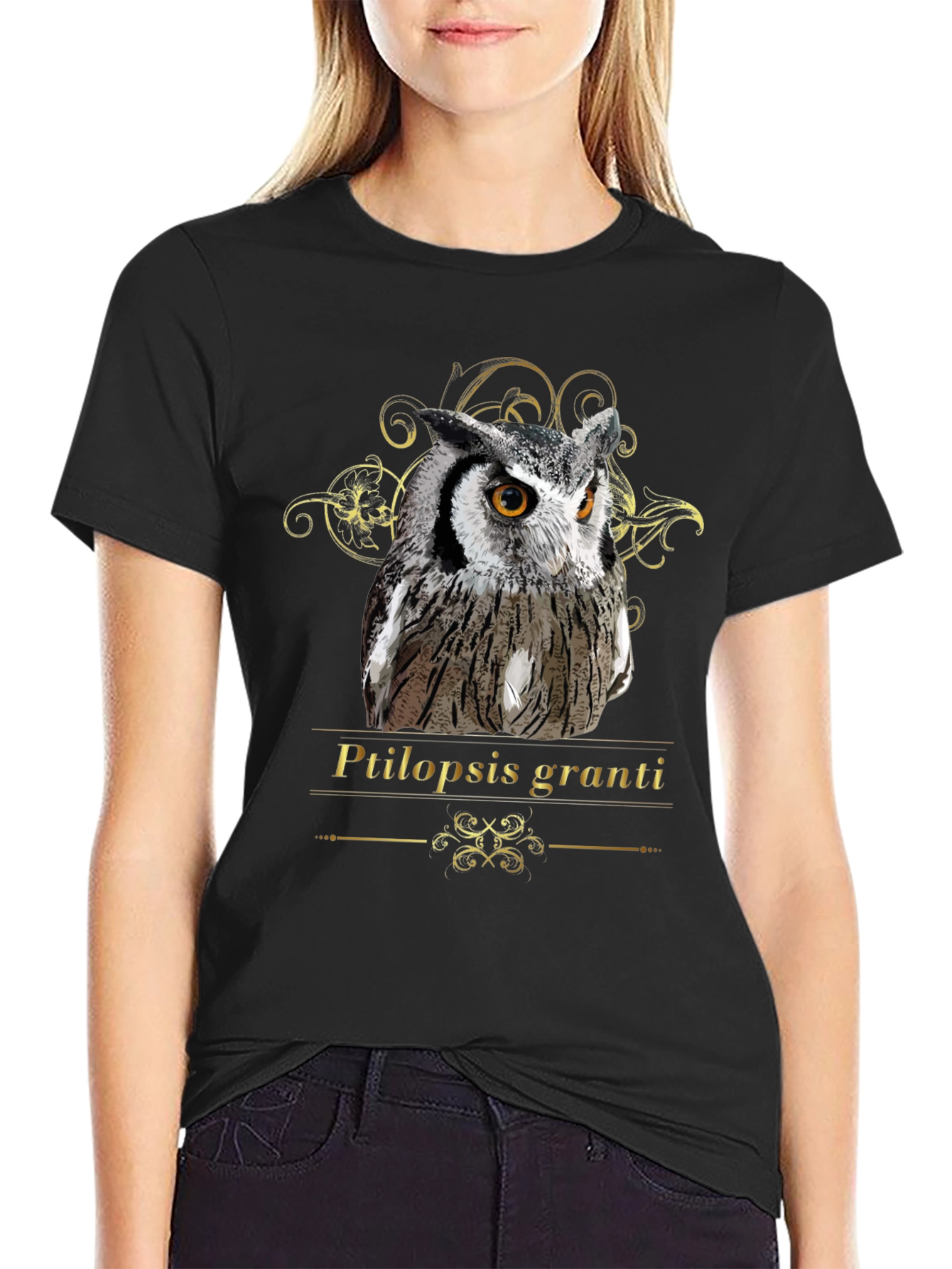Owl Graphic Black T-Shirt - Ptilopsis Granti Design