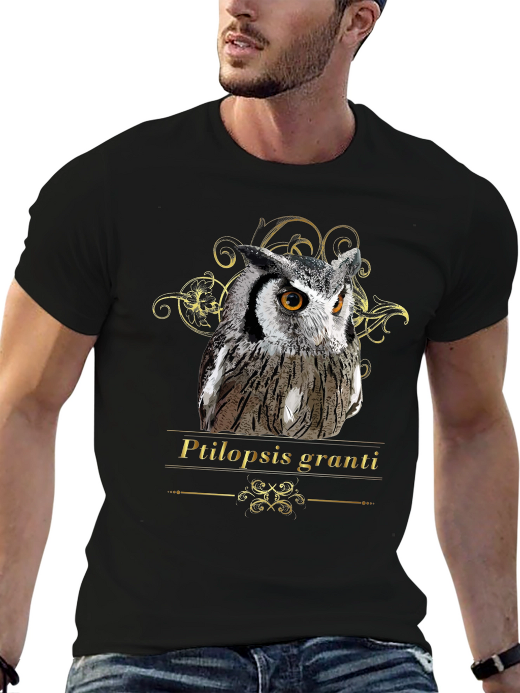 Owl Graphic Black T-Shirt - Ptilopsis Granti Design
