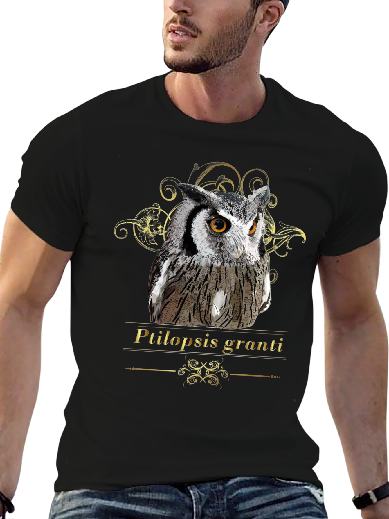 Owl Graphic Black T-Shirt - Ptilopsis Granti Design