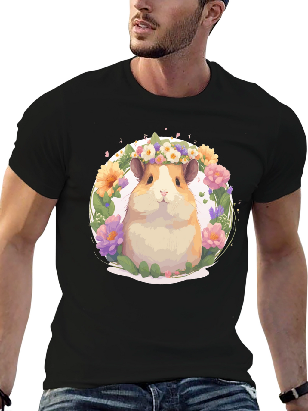 Hamster Floral Crown Black T-Shirt