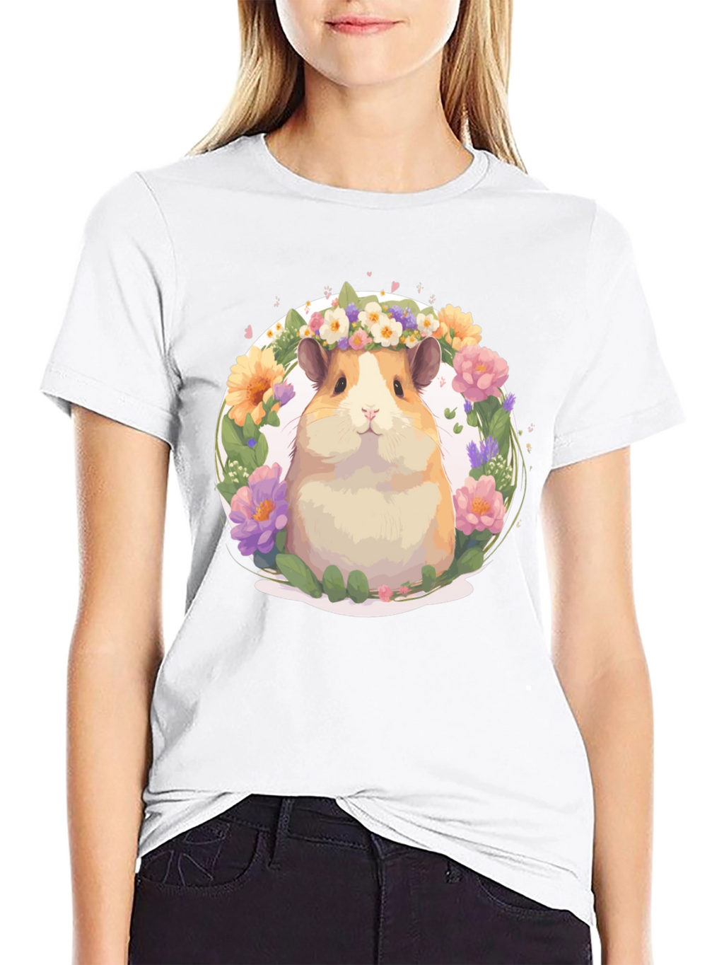 Hamster Floral Crown Black T-Shirt