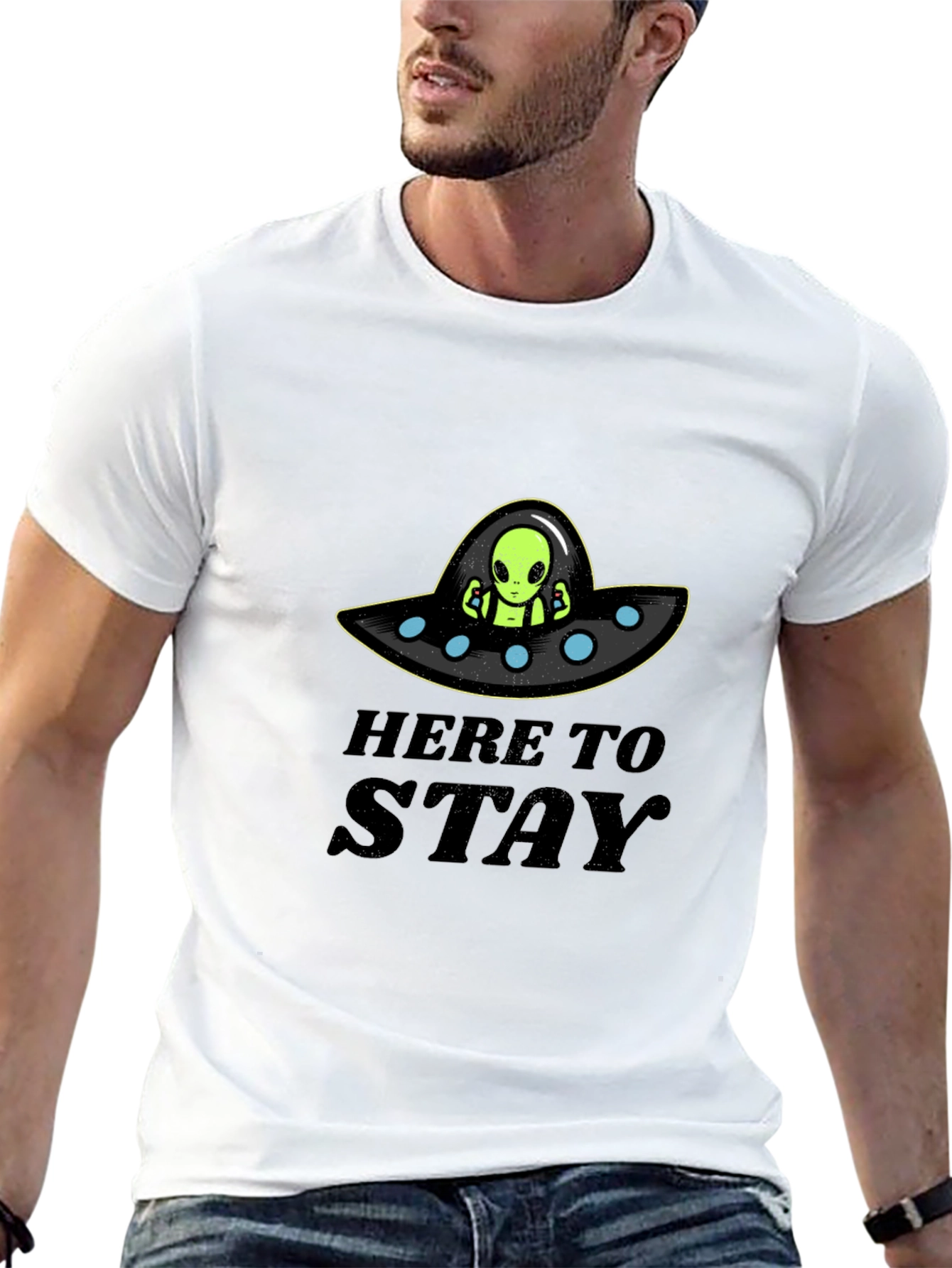 Here to Stay Alien UFO Graphic T-Shirt