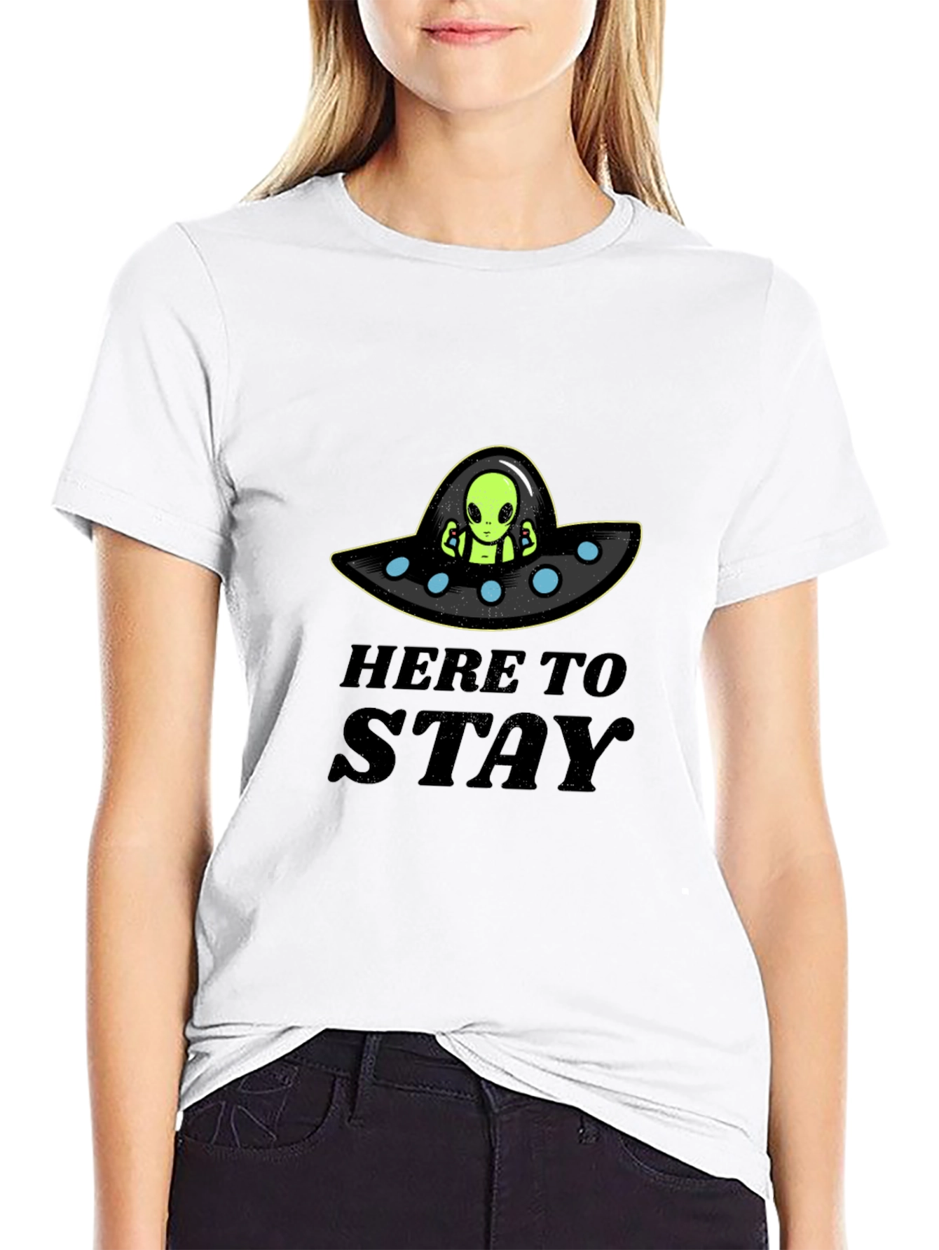 Here to Stay Alien UFO Graphic T-Shirt