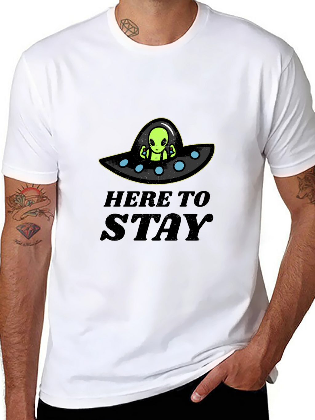 Here to Stay Alien UFO Graphic T-Shirt