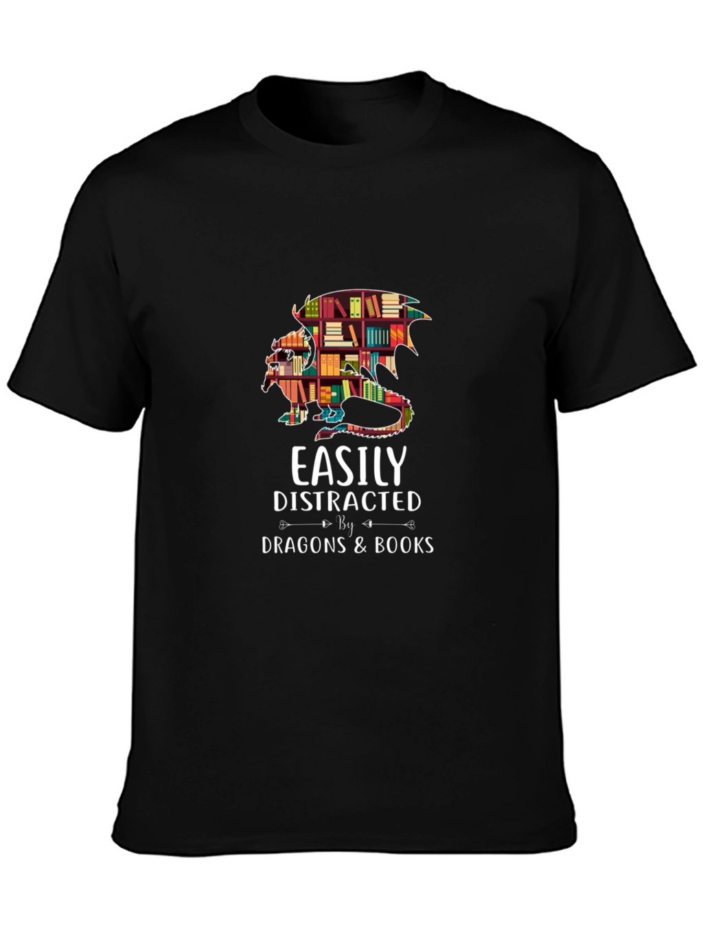 Easily Distracted By Dragons & Books Black T-Shirt