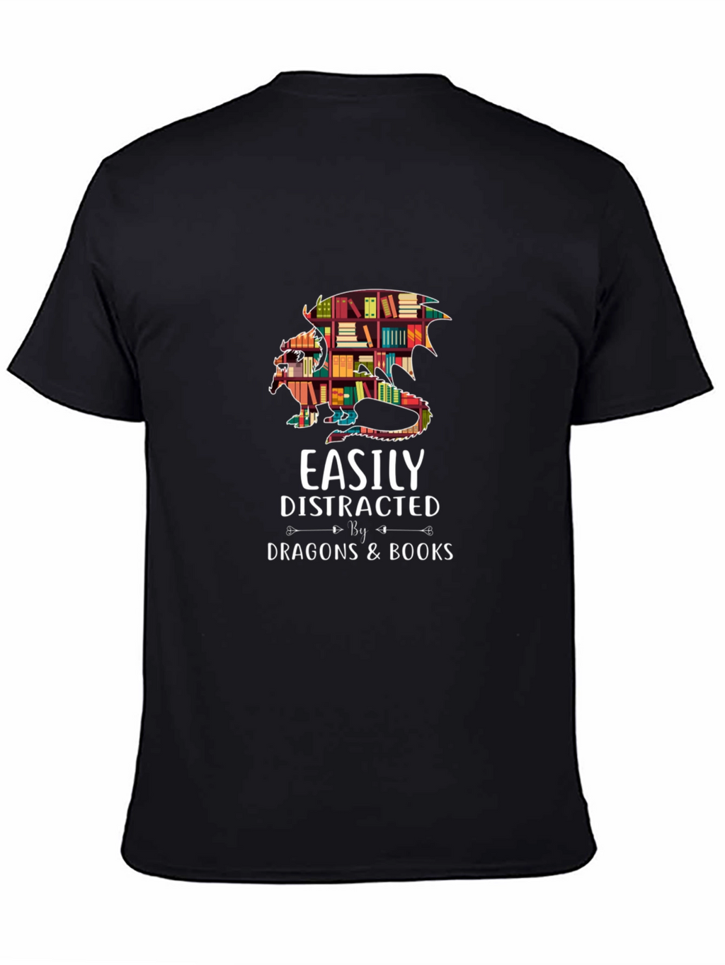Easily Distracted By Dragons & Books Black T-Shirt