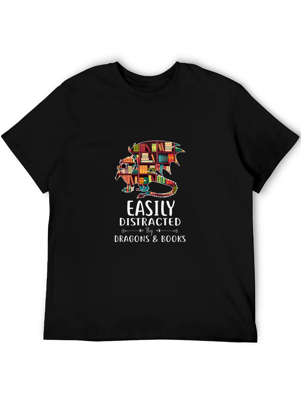 Easily Distracted By Dragons & Books Black T-Shirt