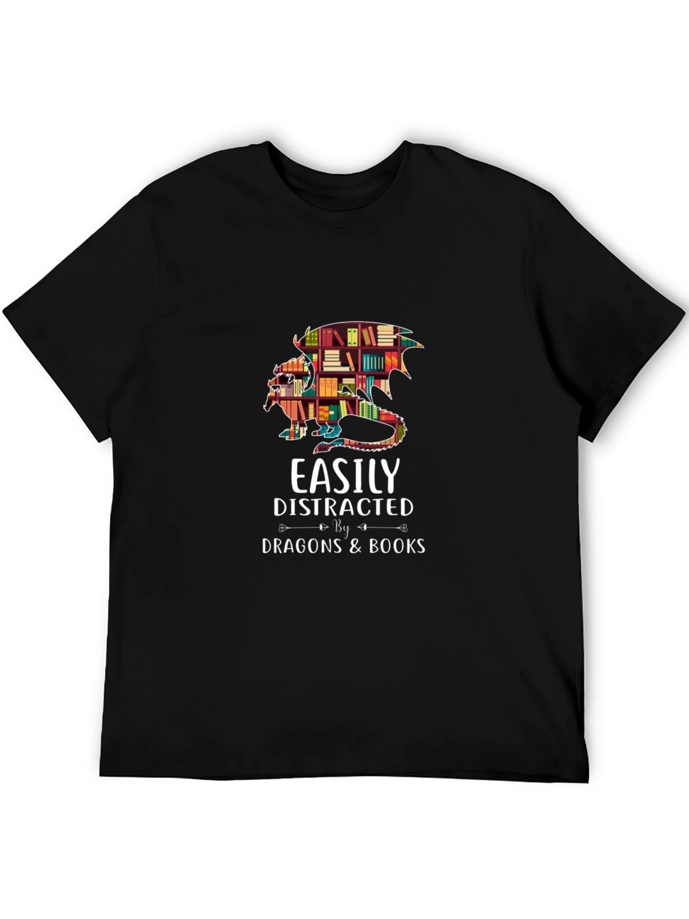 Easily Distracted By Dragons & Books Black T-Shirt