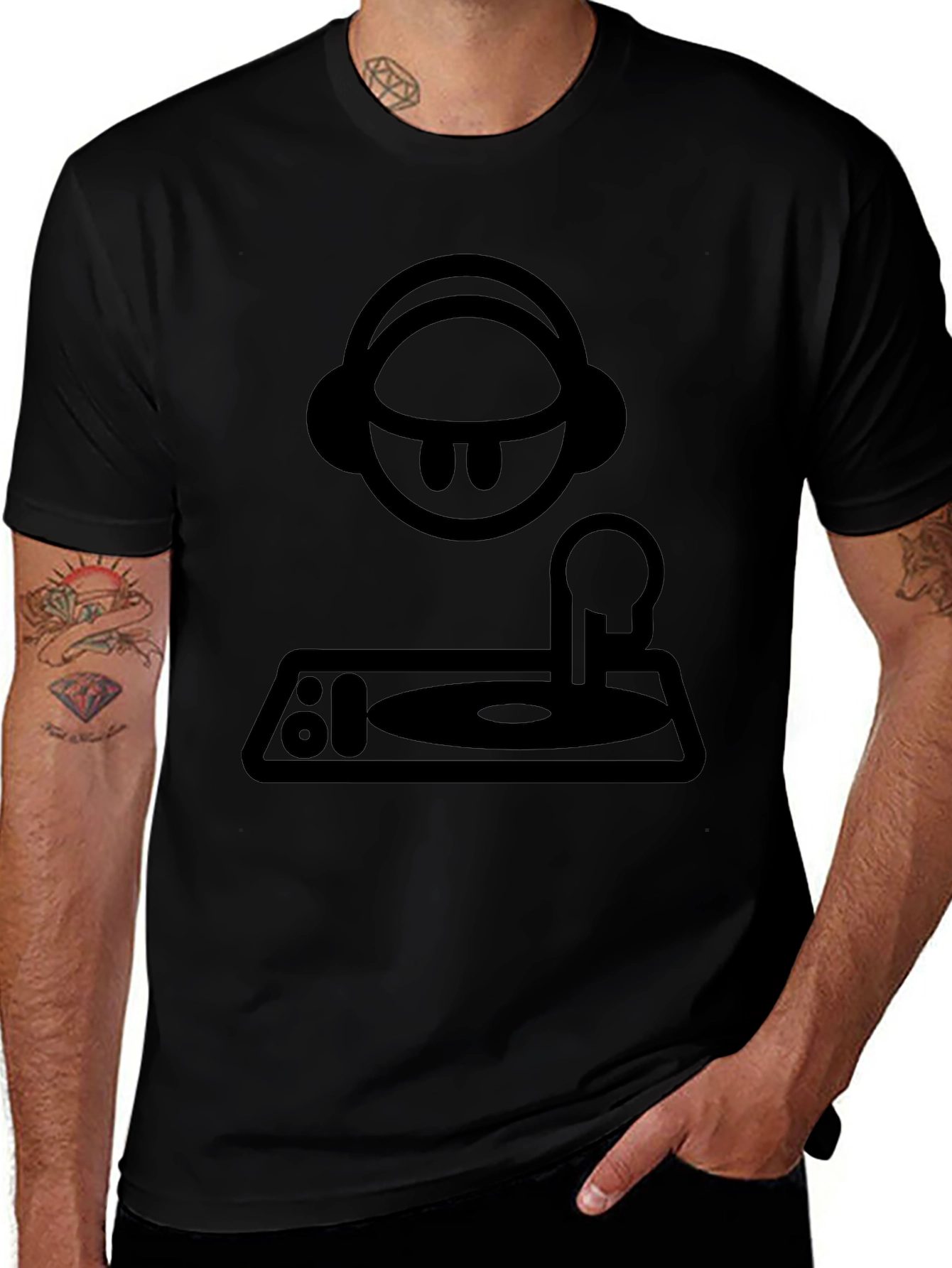 DJ Cartoon Graphic T-Shirt - Black