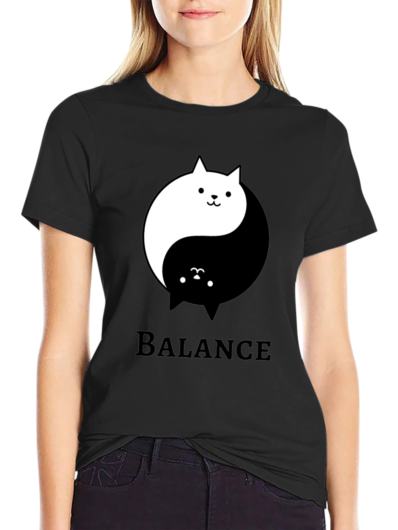 Yin Yang Cat Balance Graphic Tee - Black Cotton T-Shirt