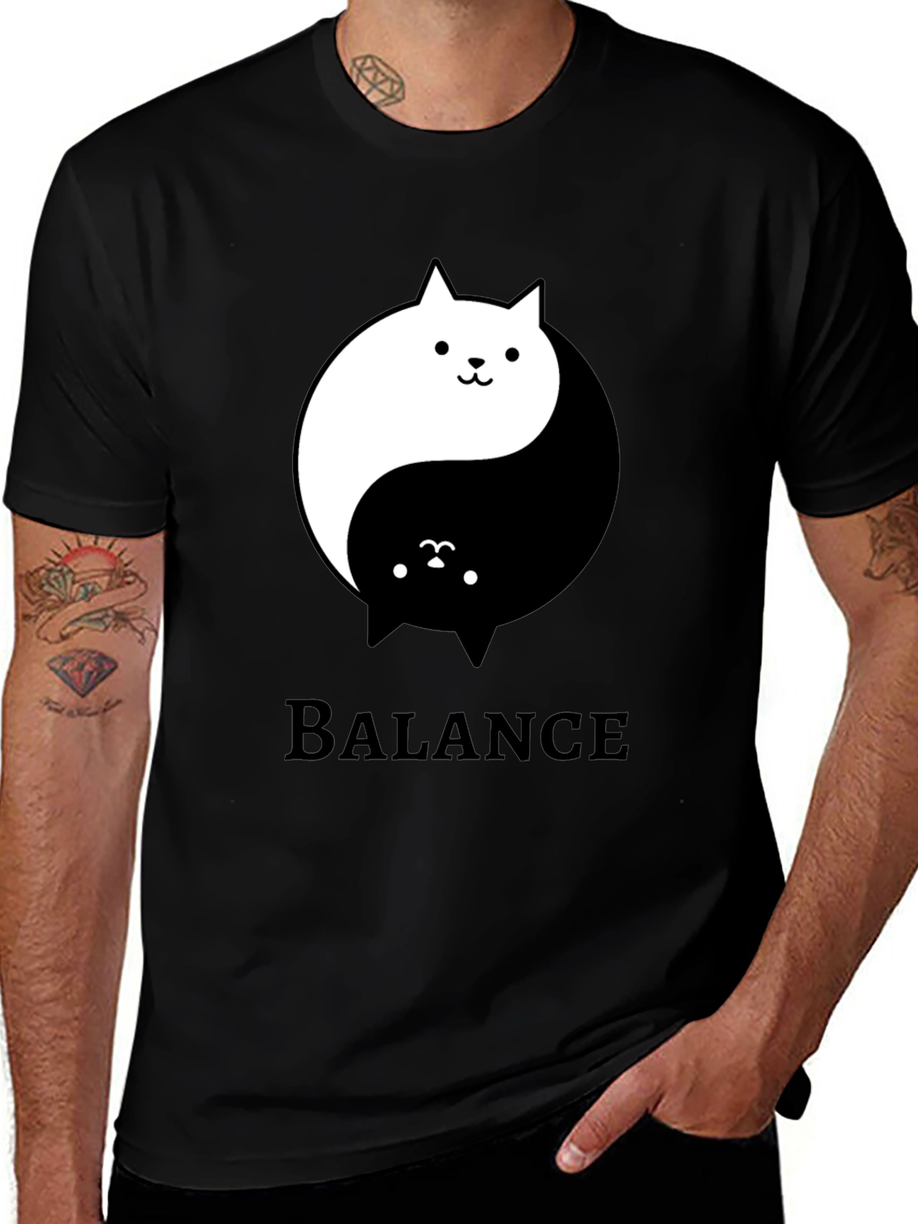 Yin Yang Cat Balance Graphic Tee - Black Cotton T-Shirt
