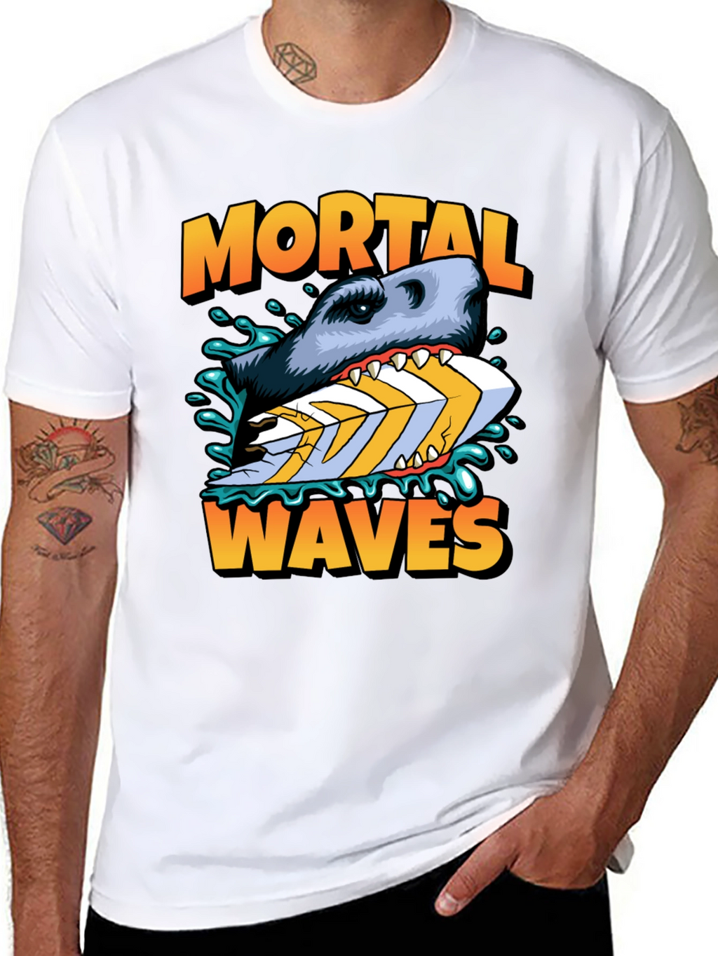 Mortal Waves Shark Surfboard Graphic Tee