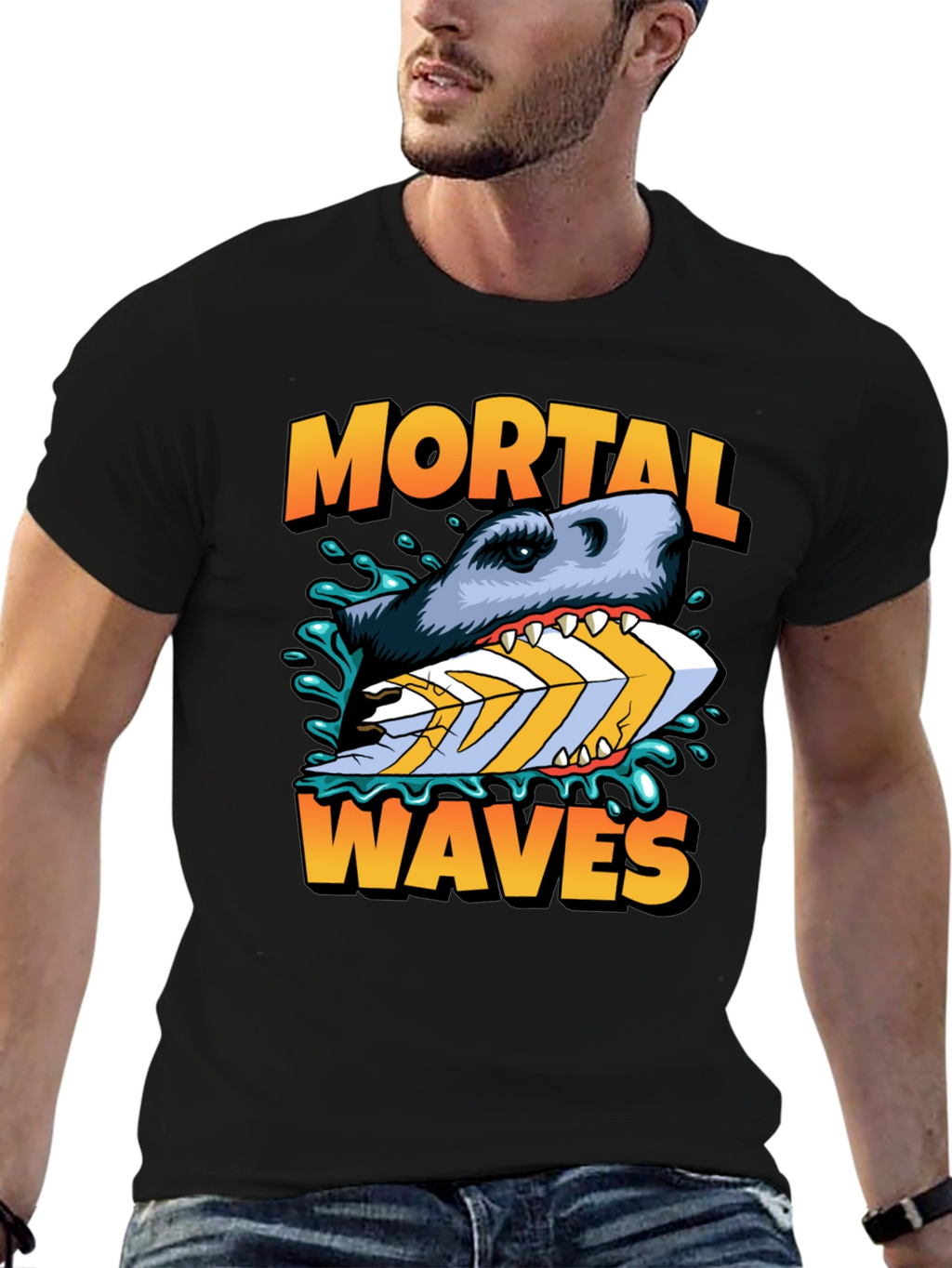 Mortal Waves Shark Surfboard Graphic Tee