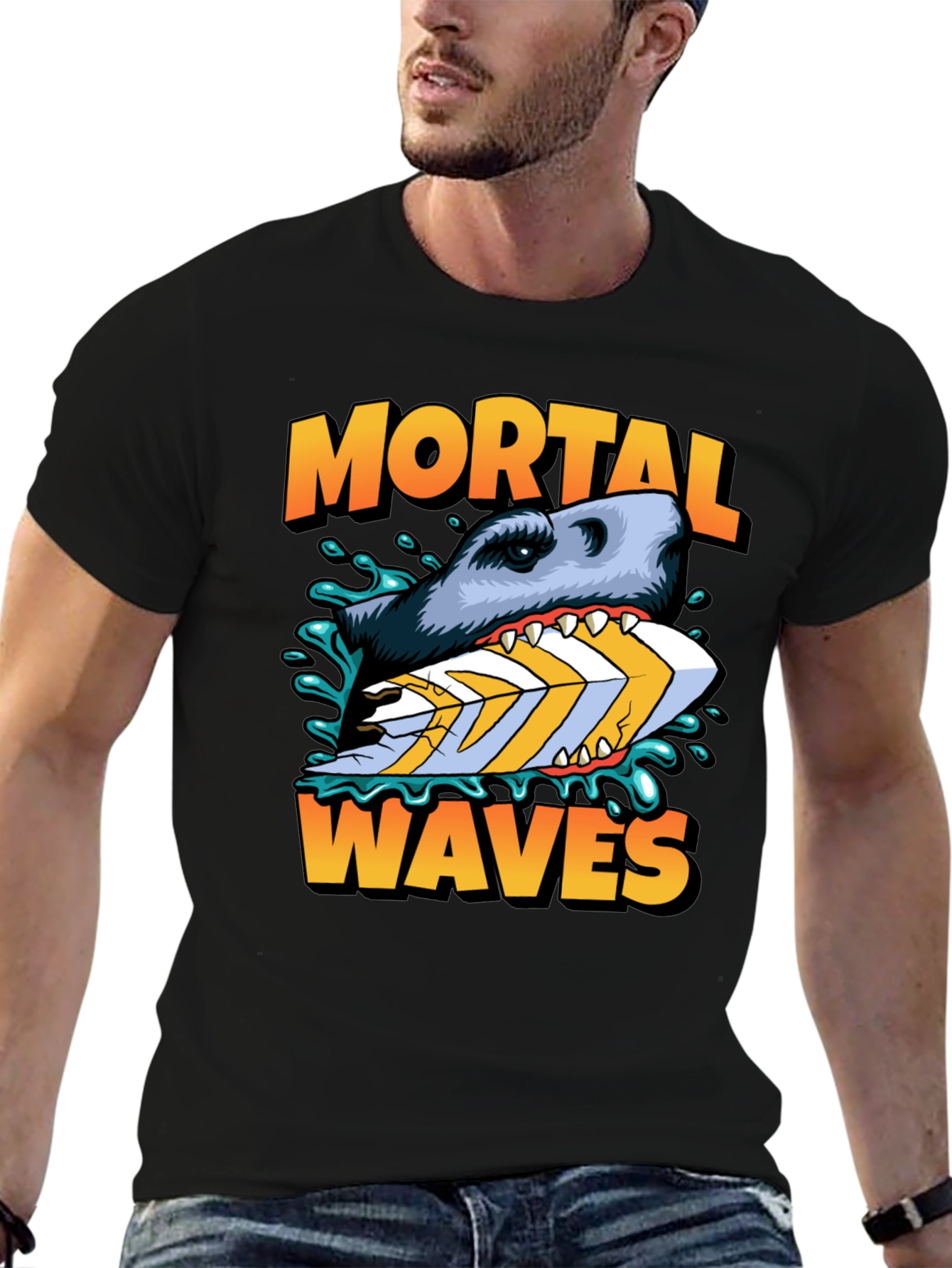Mortal Waves Shark Surfboard Graphic Tee