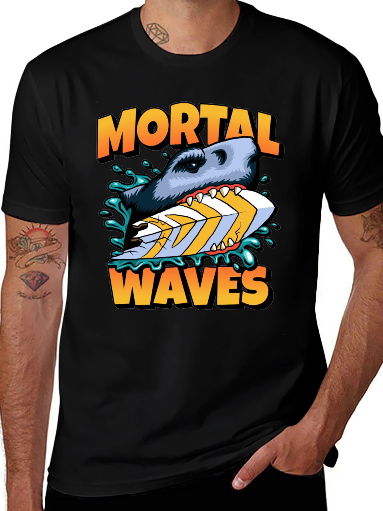 Mortal Waves Shark Surfboard Graphic Tee