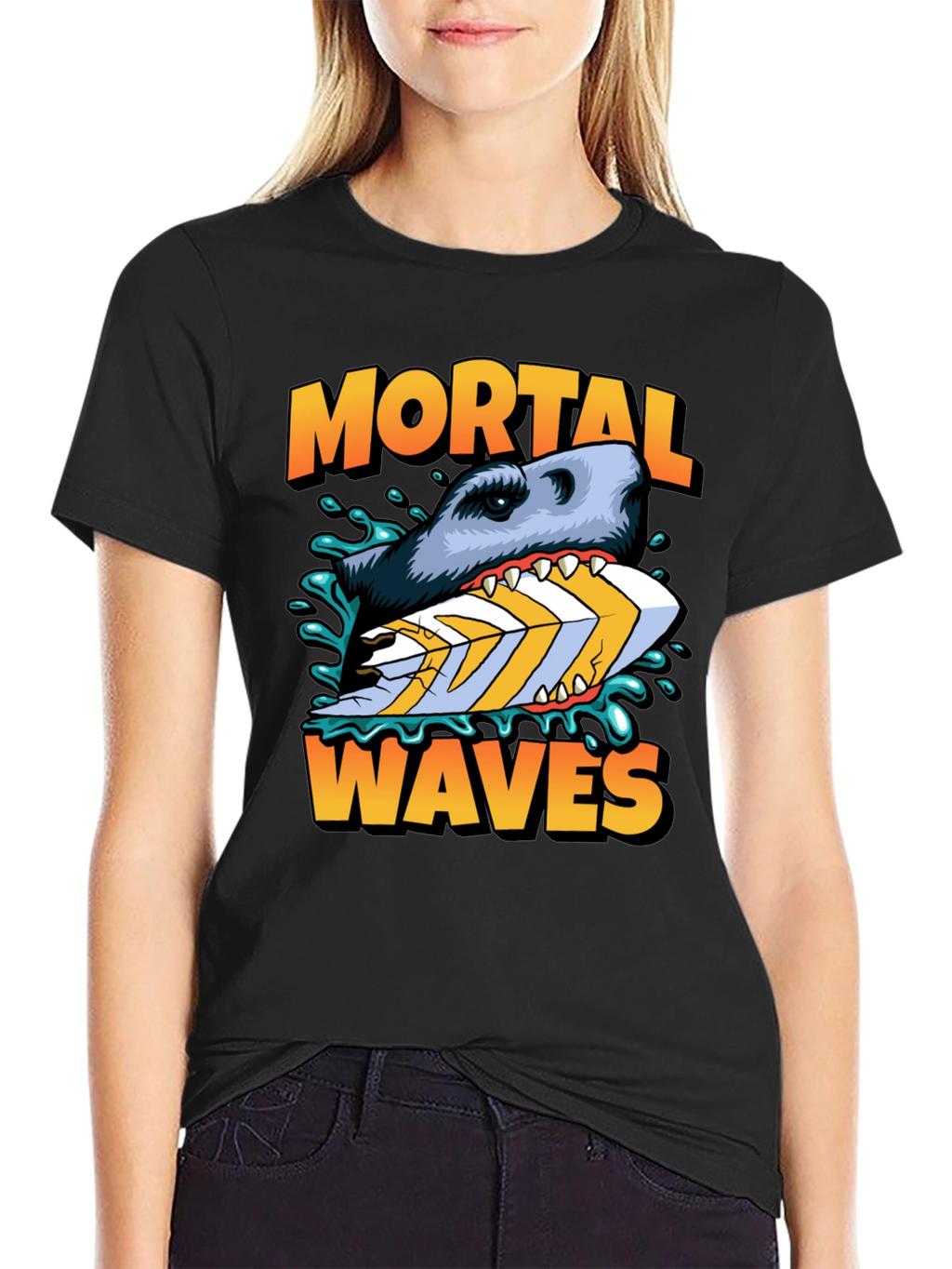 Mortal Waves Shark Surfboard Graphic Tee