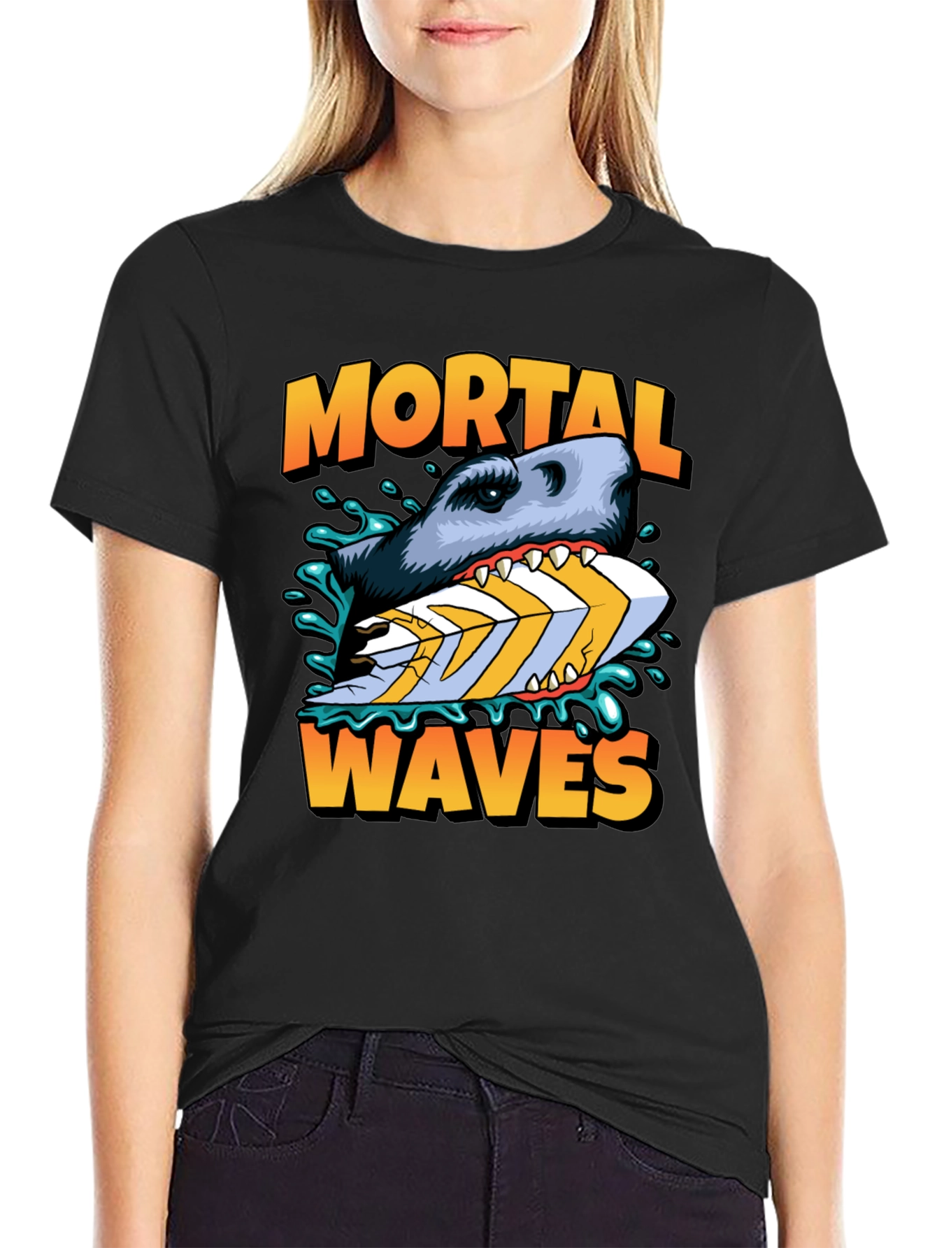 Mortal Waves Shark Surfboard Graphic Tee