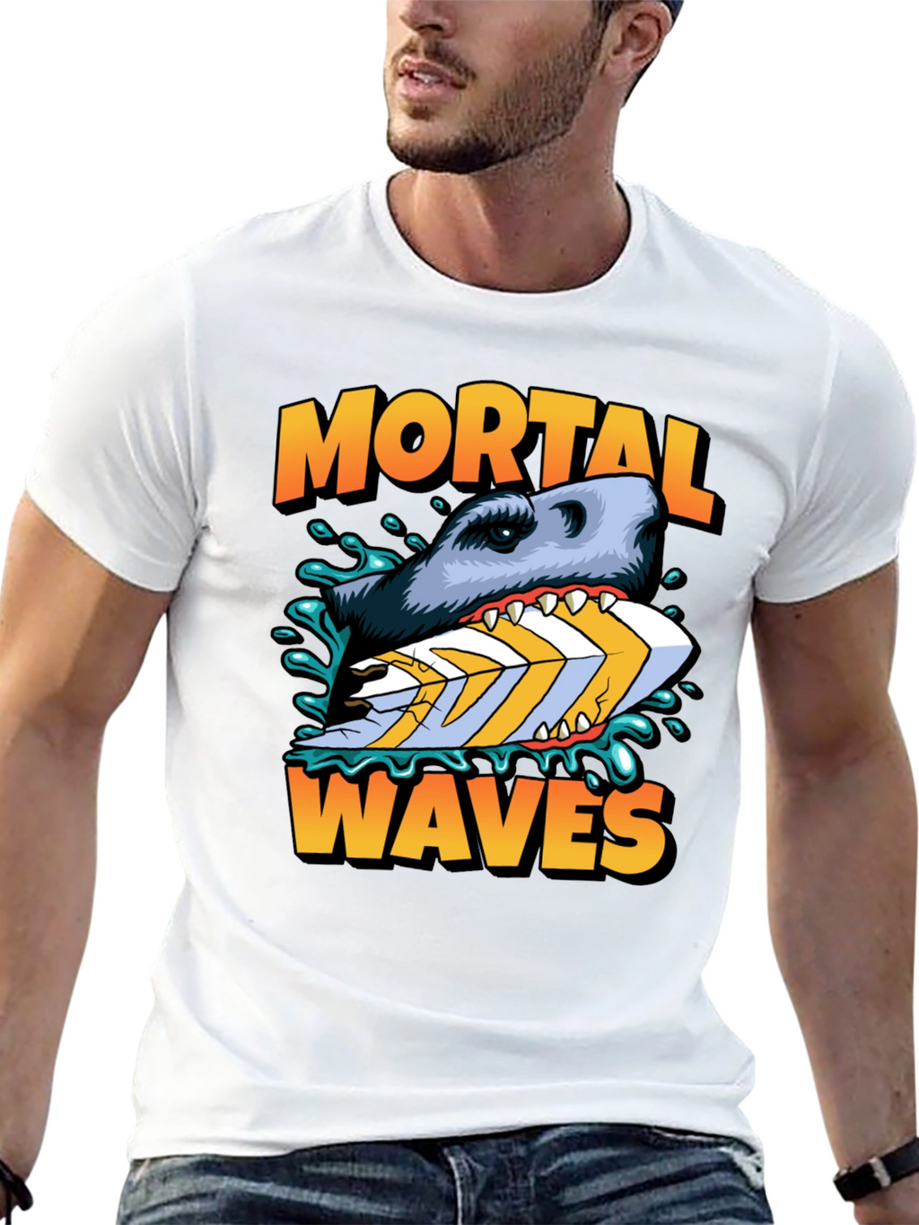 Mortal Waves Shark Surfboard Graphic Tee