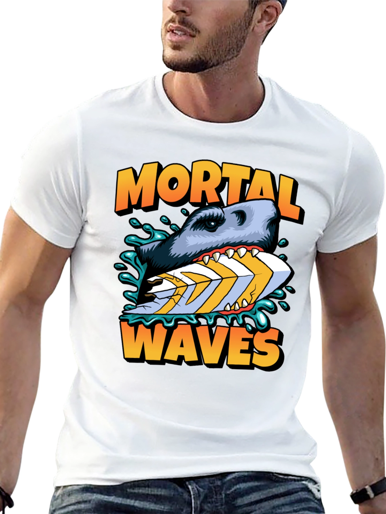 Mortal Waves Shark Surfboard Graphic Tee